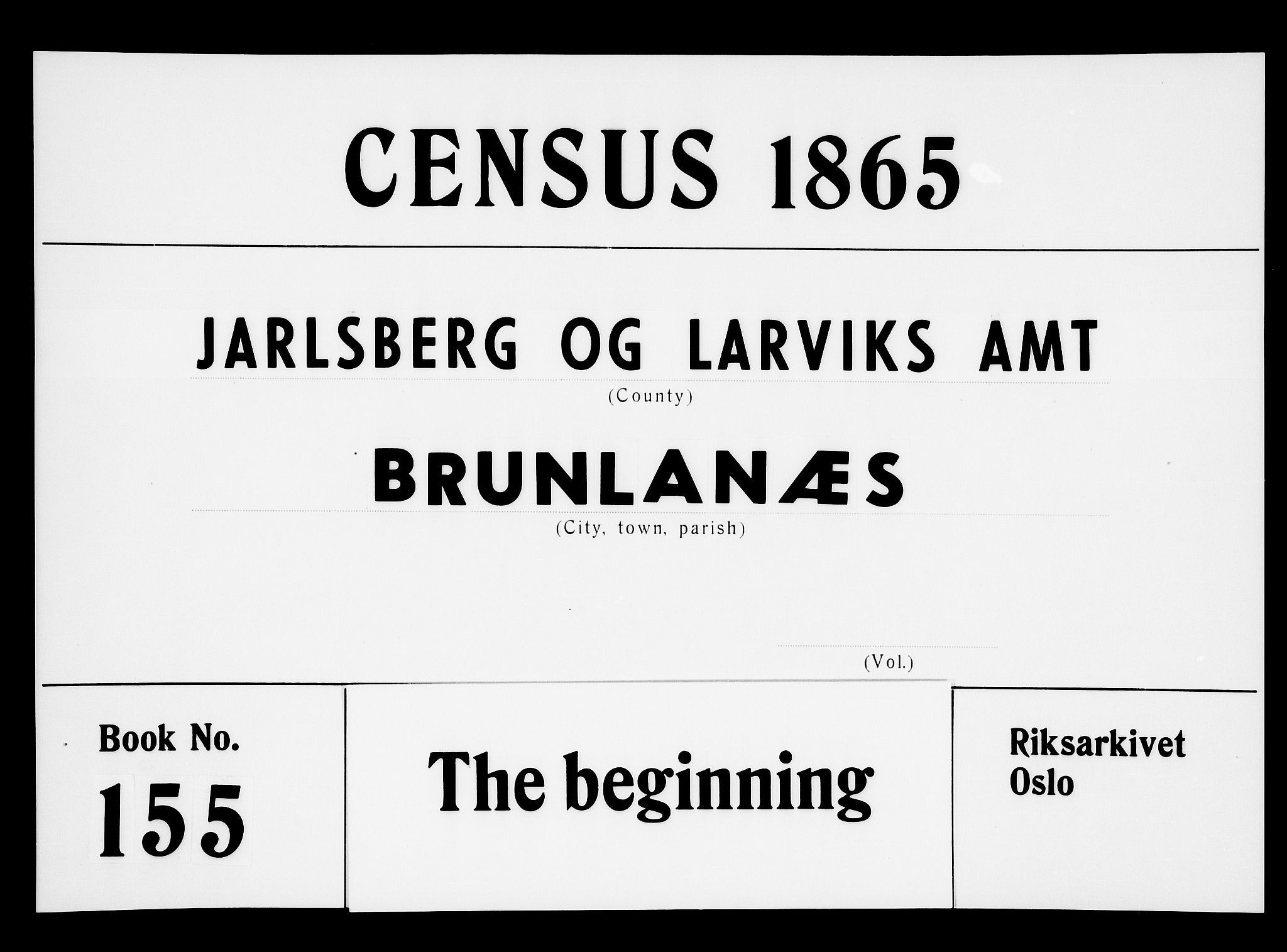 RA, Folketelling 1865 for 0726P Brunlanes prestegjeld, 1865, s. 1