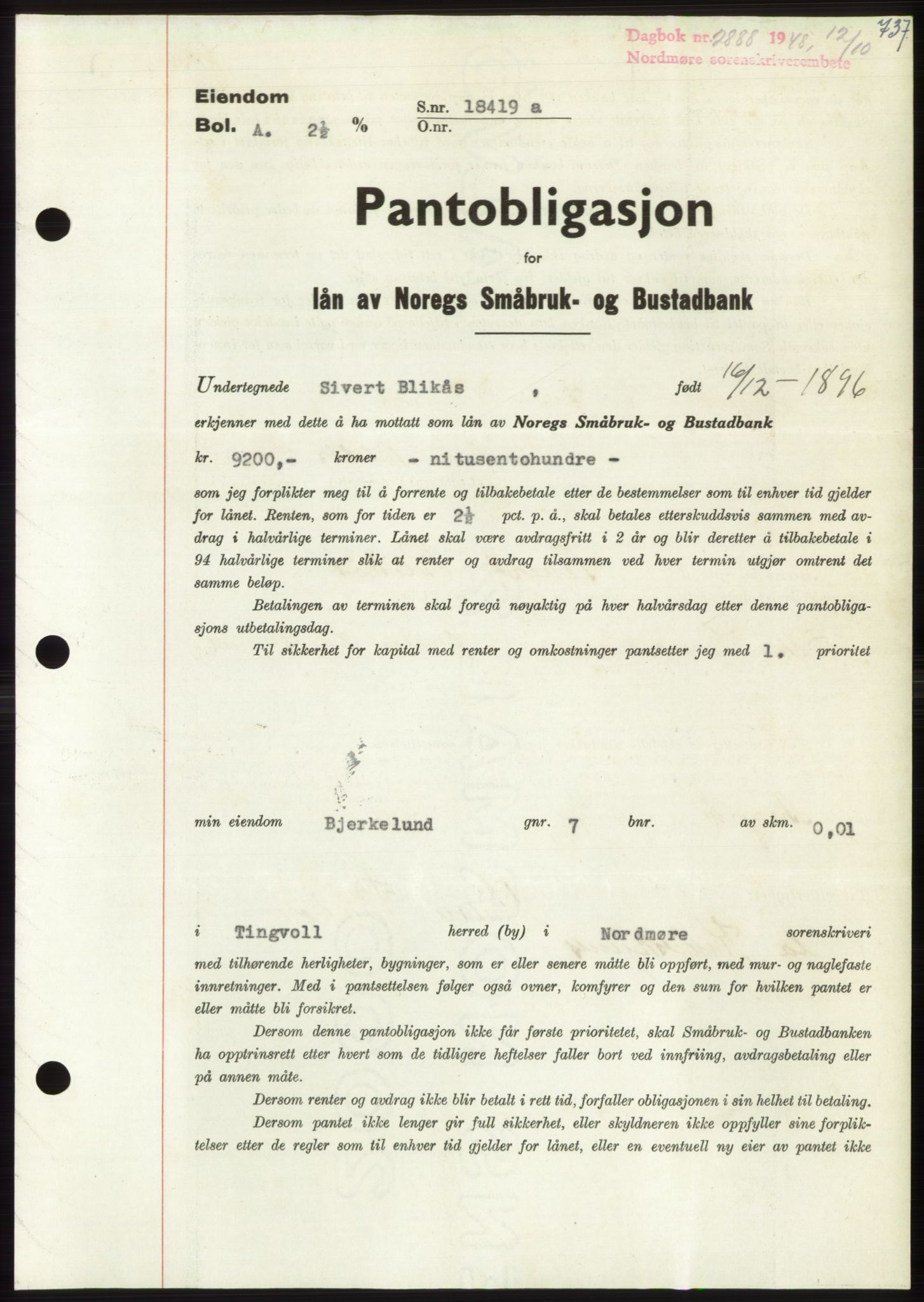 Nordmøre sorenskriveri, AV/SAT-A-4132/1/2/2Ca: Pantebok nr. B99, 1948-1948, Dagboknr: 2888/1948