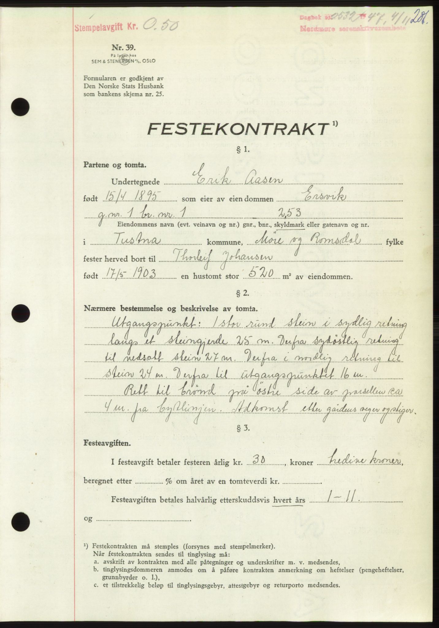 Nordmøre sorenskriveri, AV/SAT-A-4132/1/2/2Ca: Pantebok nr. B97, 1947-1948, Dagboknr: 2532/1947