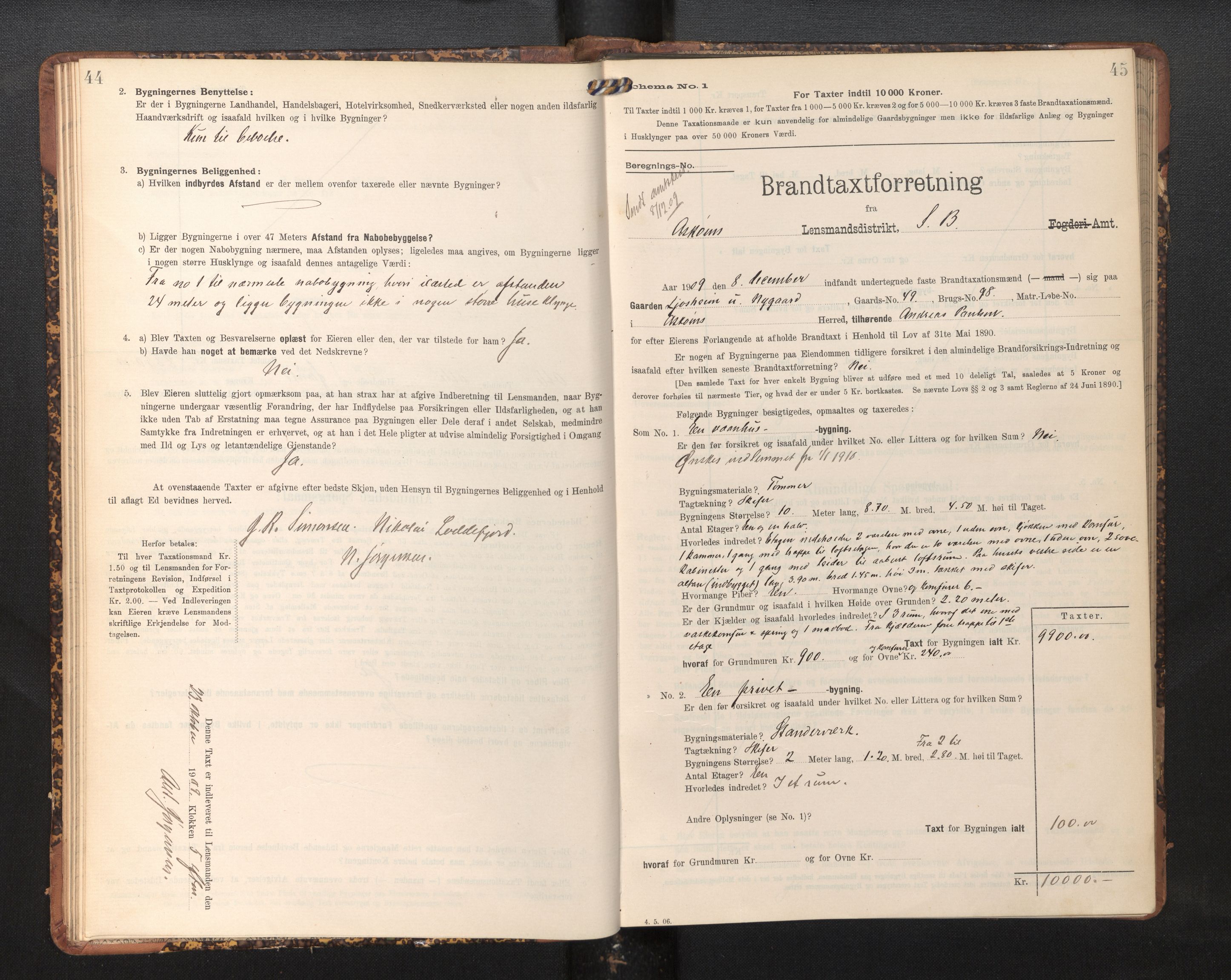 Lensmannen i Askøy, AV/SAB-A-31001/0012/L0006: Branntakstprotokoll, skjematakst, Laksevåg, 1907-1917, s. 44-45