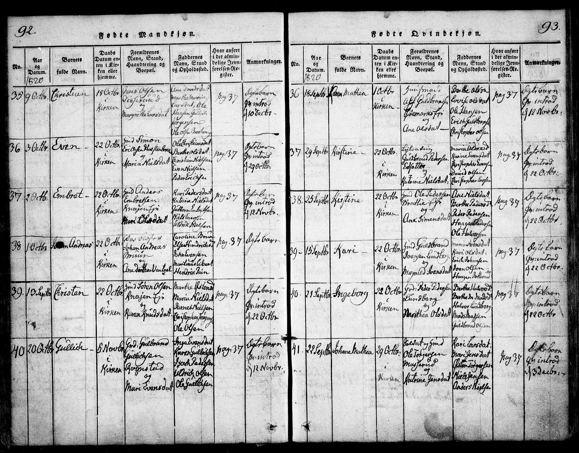 Hurdal prestekontor Kirkebøker, AV/SAO-A-10889/F/Fa/L0003: Ministerialbok nr. I 3, 1815-1828, s. 92-93