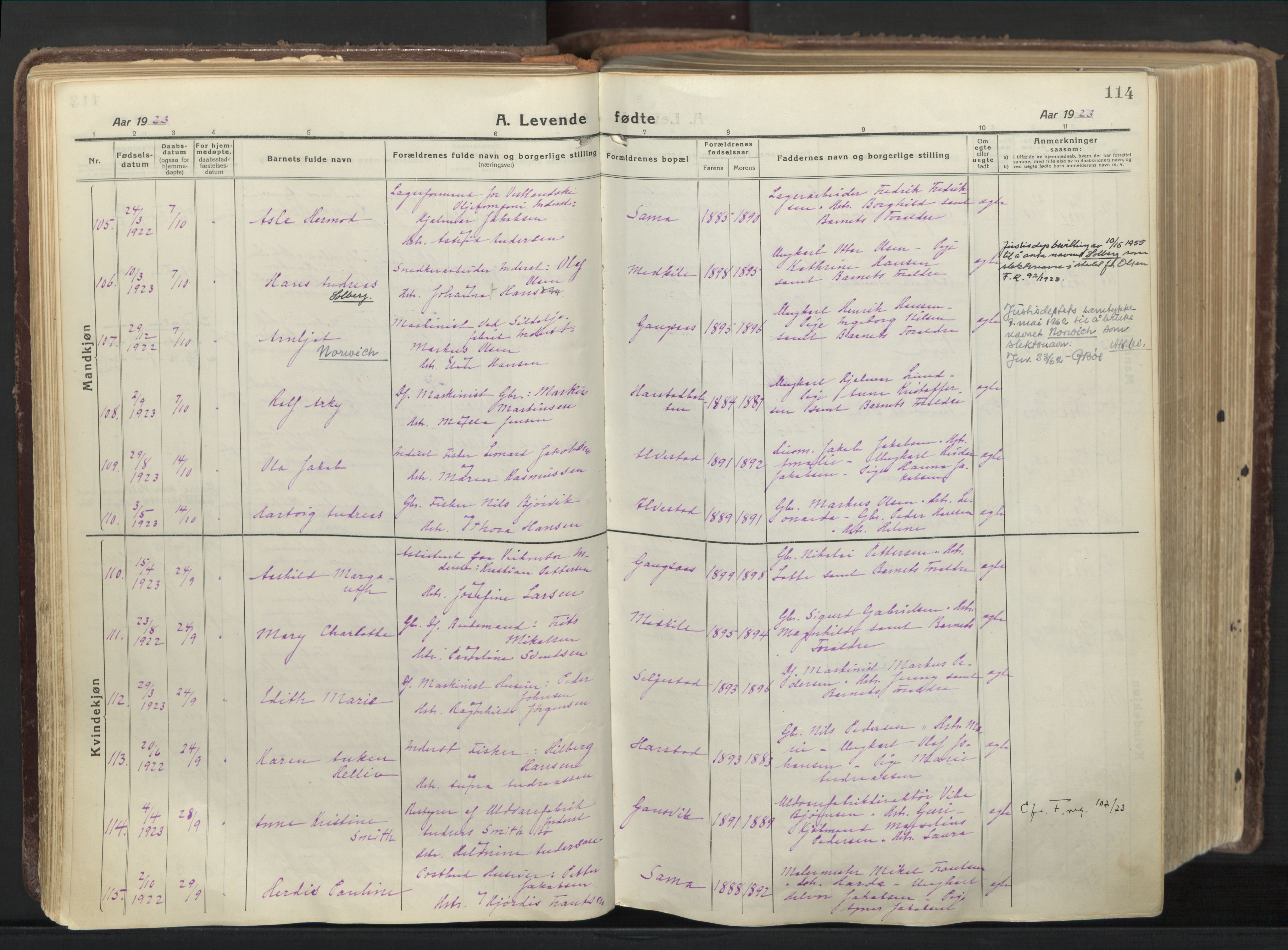 Trondenes sokneprestkontor, AV/SATØ-S-1319/H/Ha/L0019kirke: Ministerialbok nr. 19, 1919-1928, s. 114