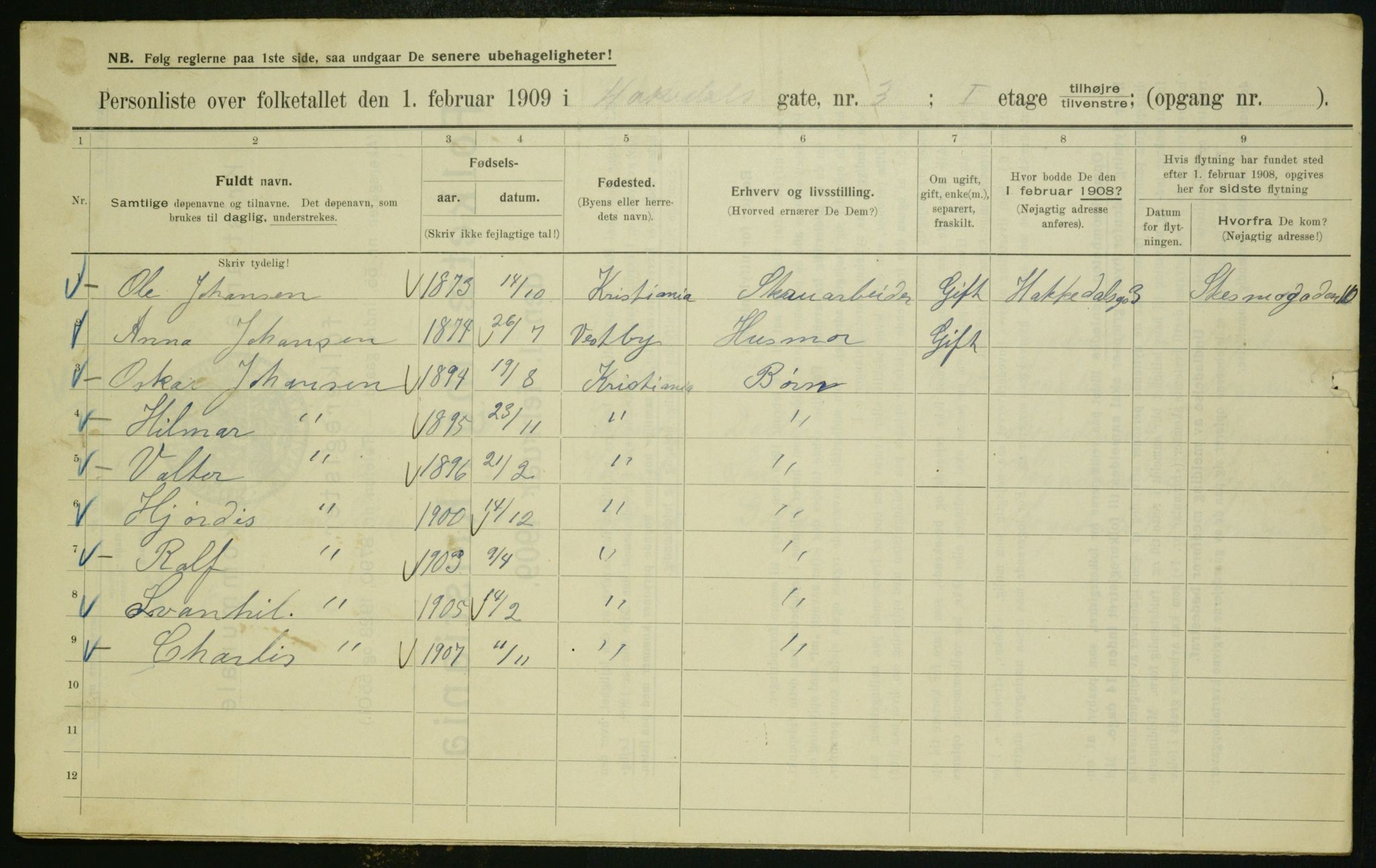 OBA, Kommunal folketelling 1.2.1909 for Kristiania kjøpstad, 1909, s. 21861