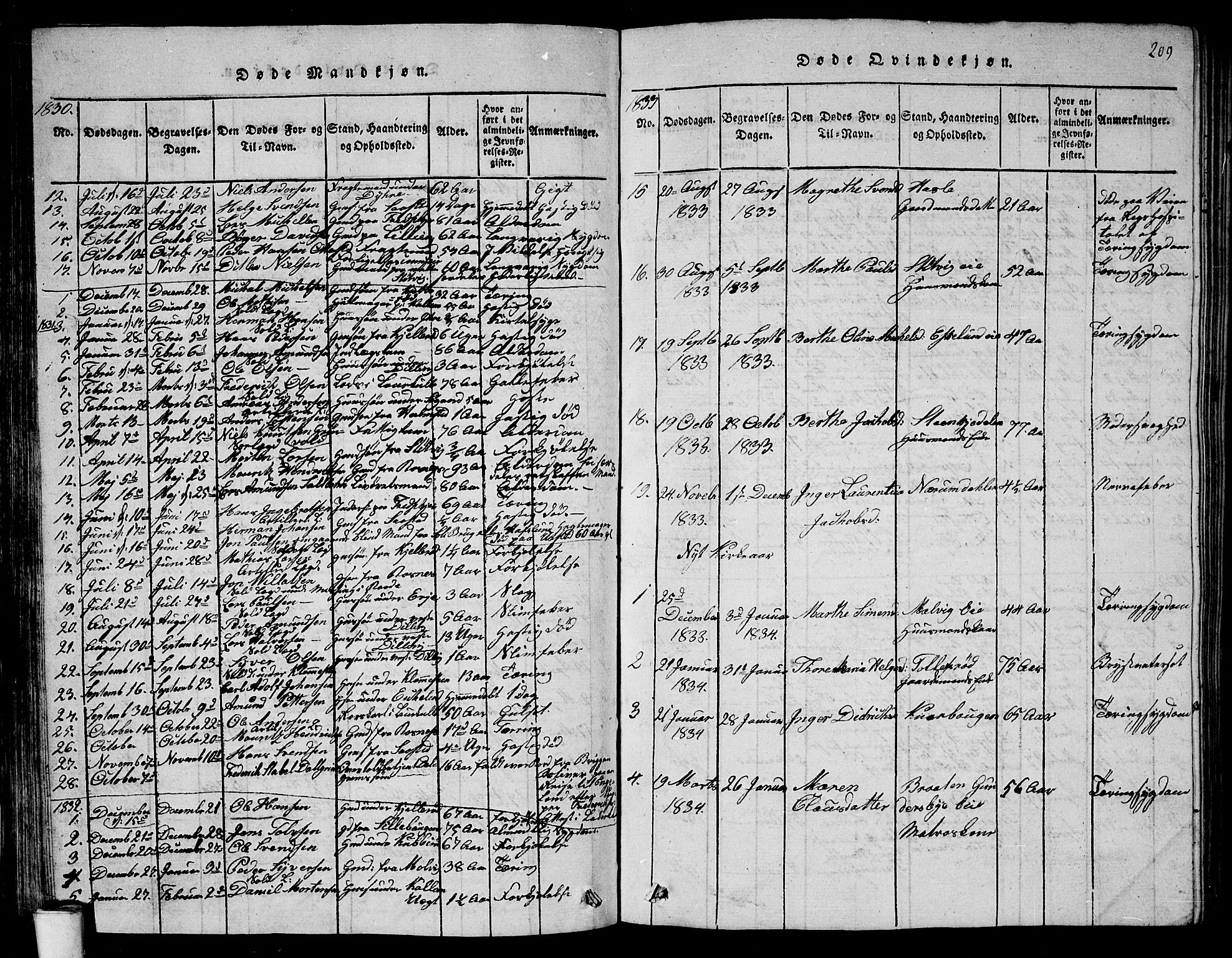 Rygge prestekontor Kirkebøker, AV/SAO-A-10084b/G/Ga/L0001: Klokkerbok nr. 1, 1814-1871, s. 208-209