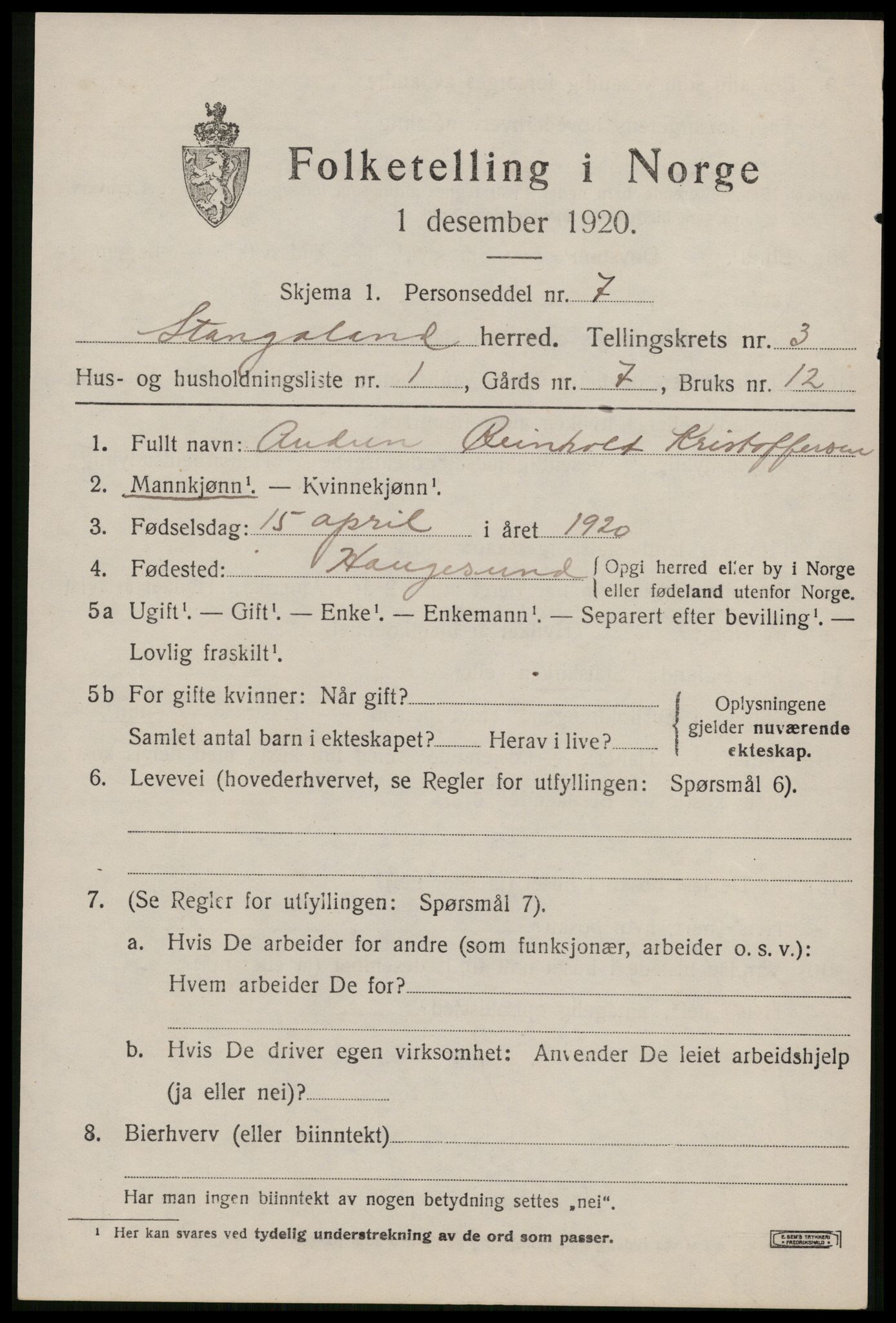 SAST, Folketelling 1920 for 1148 Stangaland herred, 1920, s. 2179