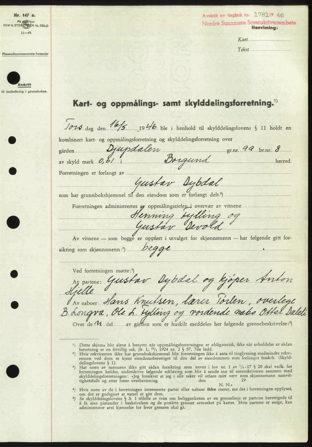 Nordre Sunnmøre sorenskriveri, SAT/A-0006/1/2/2C/2Ca: Pantebok nr. A22, 1946-1946, Dagboknr: 1781/1946
