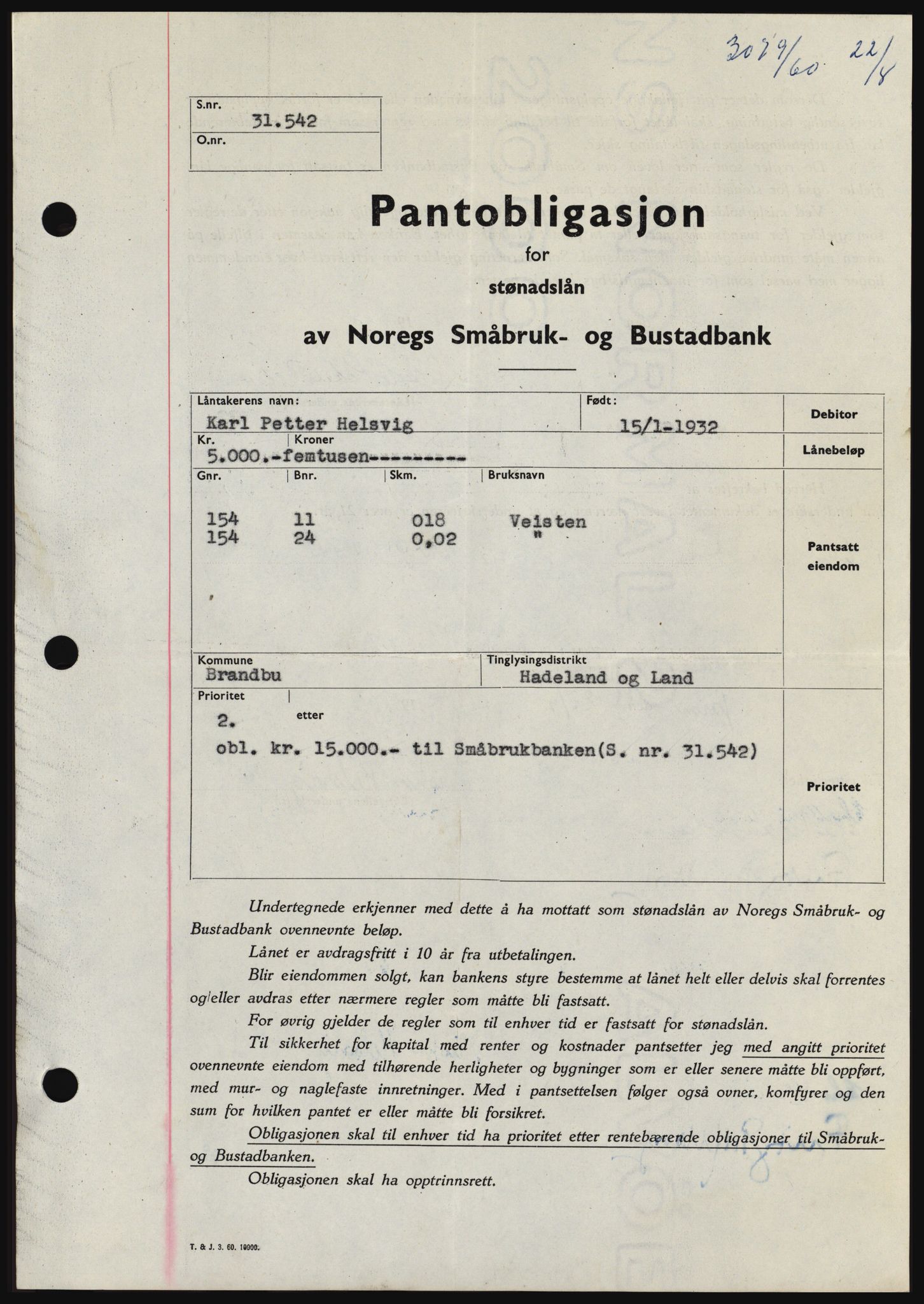 Hadeland og Land tingrett, SAH/TING-010/H/Hb/Hbc/L0043: Pantebok nr. B43, 1960-1960, Dagboknr: 3079/1960