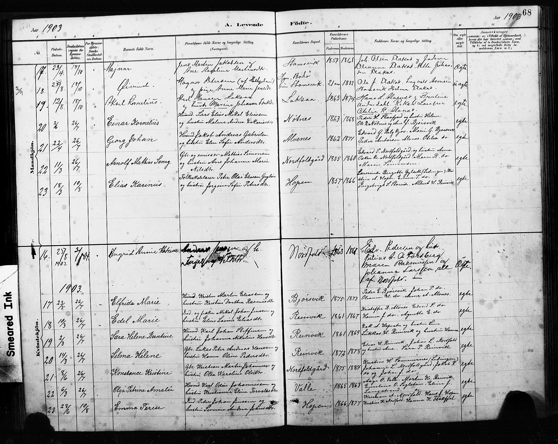 Ministerialprotokoller, klokkerbøker og fødselsregistre - Nordland, AV/SAT-A-1459/858/L0834: Klokkerbok nr. 858C01, 1884-1904, s. 68