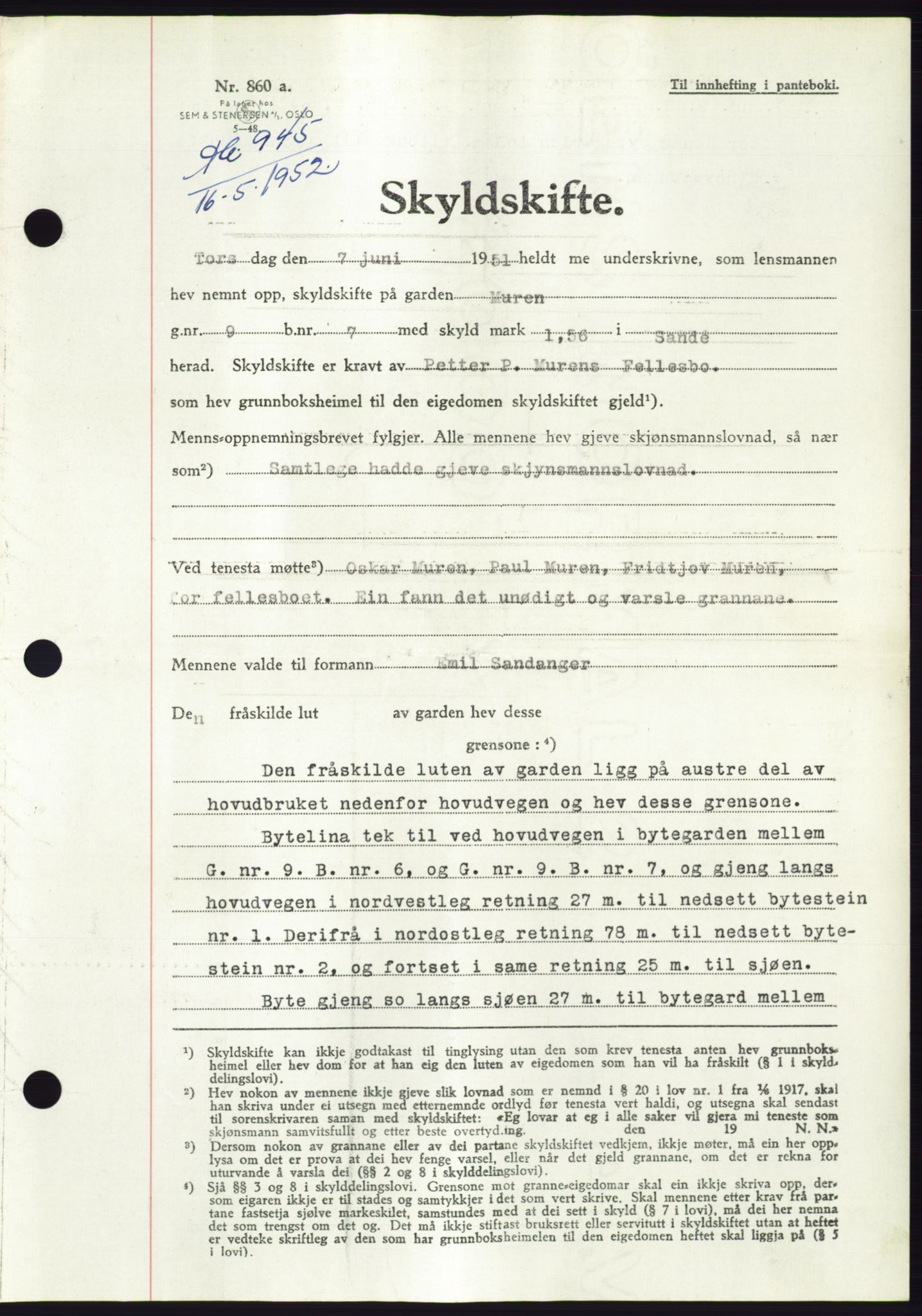 Søre Sunnmøre sorenskriveri, AV/SAT-A-4122/1/2/2C/L0092: Pantebok nr. 18A, 1952-1952, Dagboknr: 945/1952