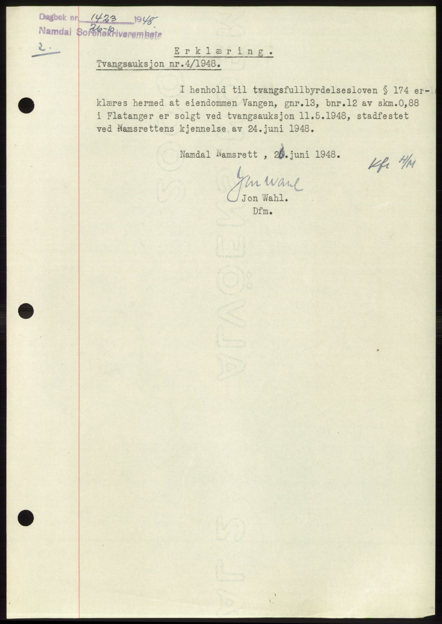 Namdal sorenskriveri, SAT/A-4133/1/2/2C: Pantebok nr. -, 1948-1948, Dagboknr: 1423/1948