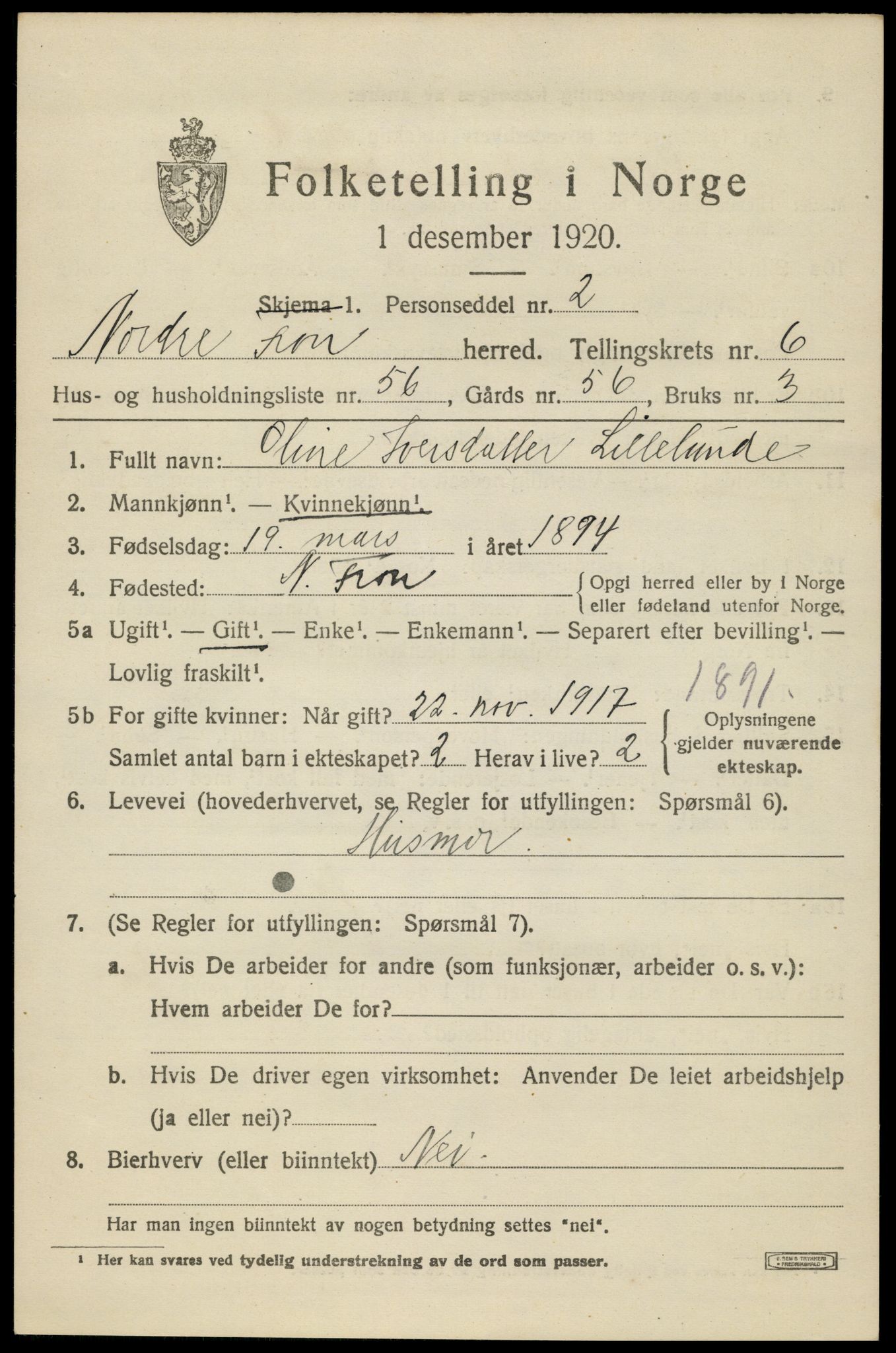 SAH, Folketelling 1920 for 0518 Nord-Fron herred, 1920, s. 5964