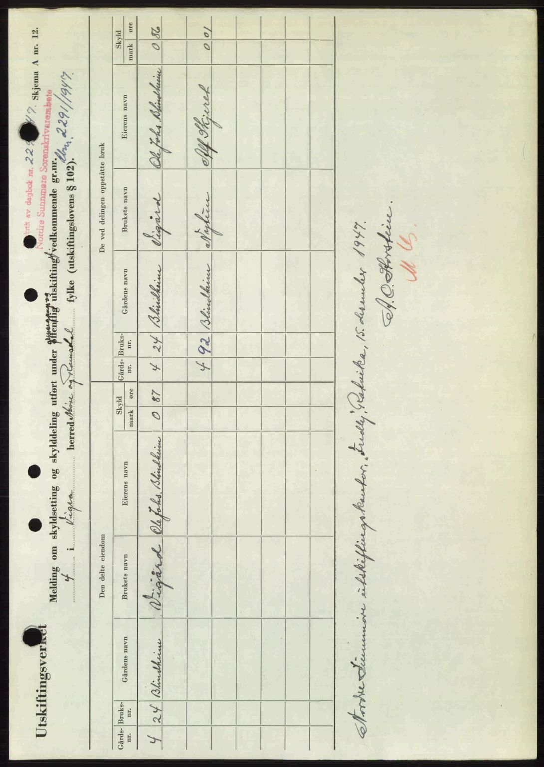 Nordre Sunnmøre sorenskriveri, AV/SAT-A-0006/1/2/2C/2Ca: Pantebok nr. A26, 1947-1948, Dagboknr: 2291/1947