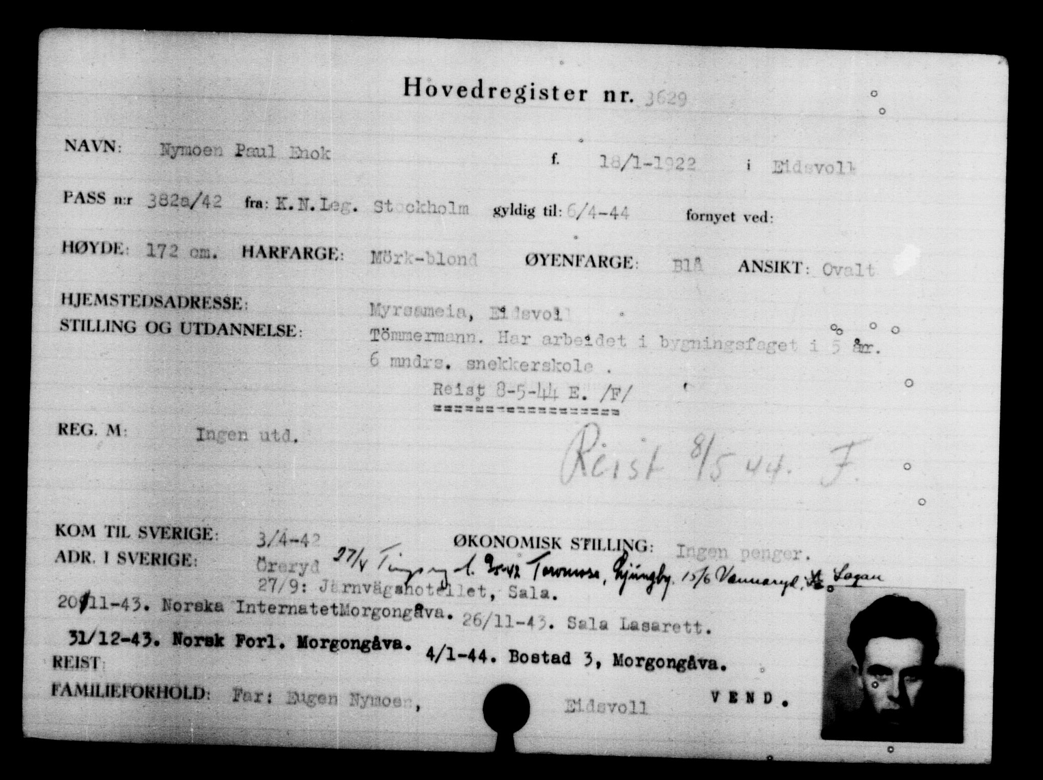Utenriksstasjonene, Legasjonen i Stockholm, Flyktningkontoret, AV/RA-S-6753/V/Va/L0004: Kjesäterkartoteket, flyktninger med registreringsnr. 3496-6610, 1940-1945, s. 154