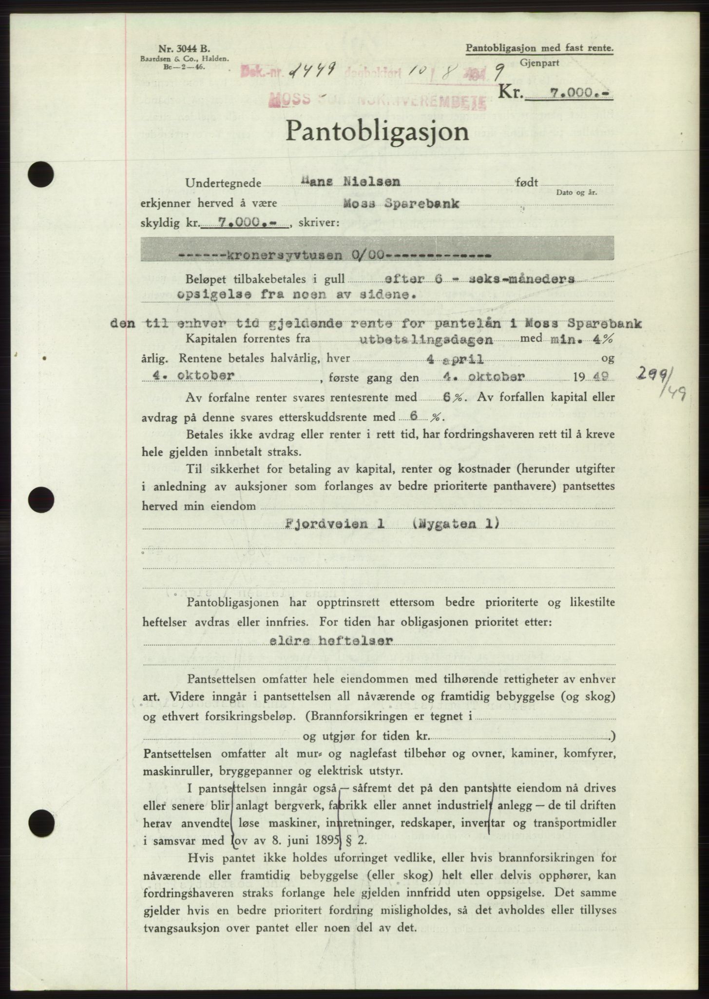 Moss sorenskriveri, SAO/A-10168: Pantebok nr. B22, 1949-1949, Dagboknr: 2449/1949