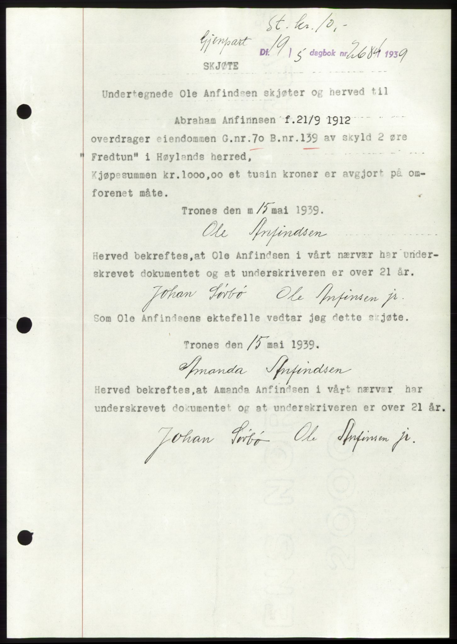 Jæren sorenskriveri, SAST/A-100310/03/G/Gba/L0074: Pantebok, 1939-1939, Dagboknr: 2684/1939