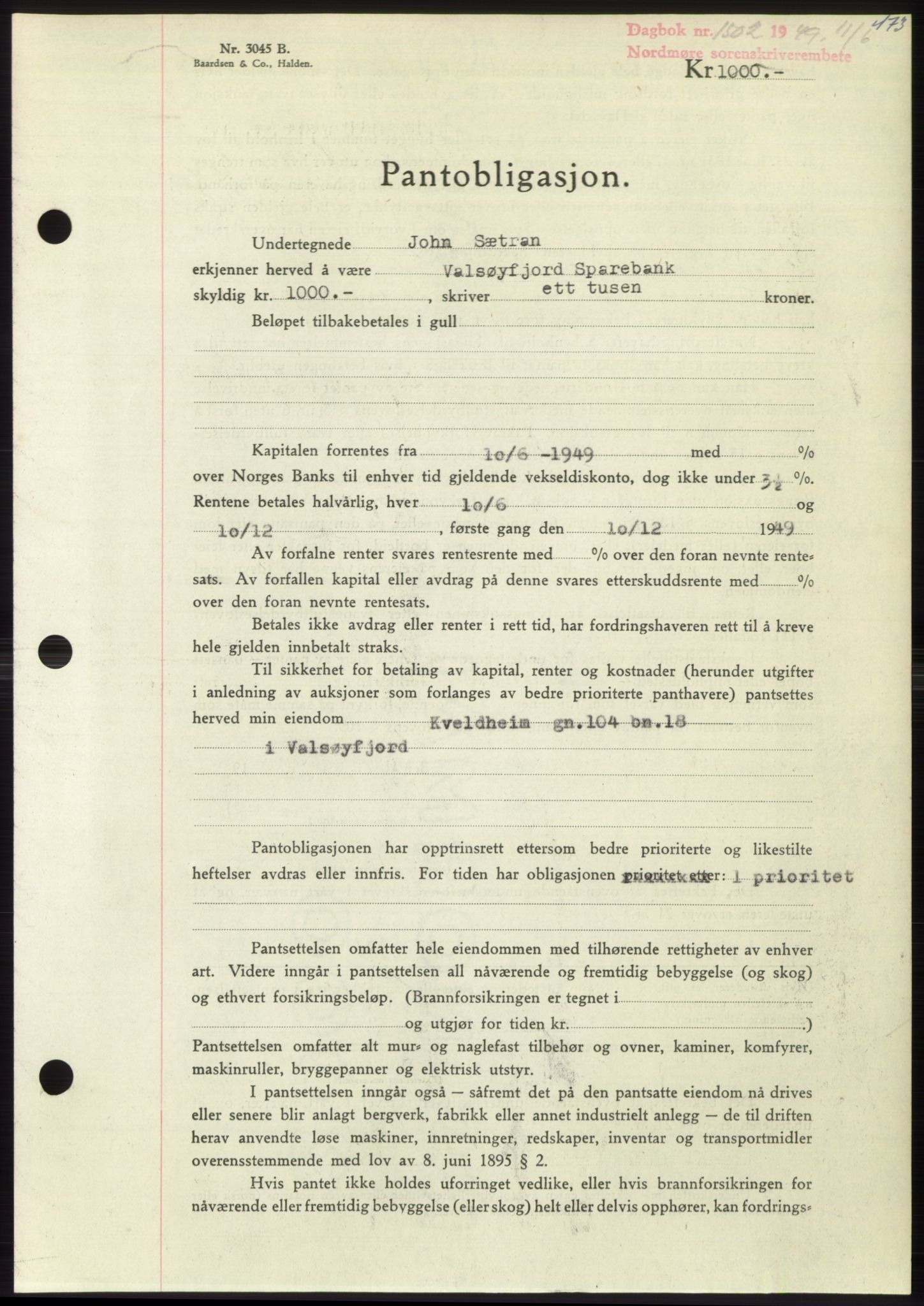 Nordmøre sorenskriveri, SAT/A-4132/1/2/2Ca: Pantebok nr. B101, 1949-1949, Dagboknr: 1502/1949