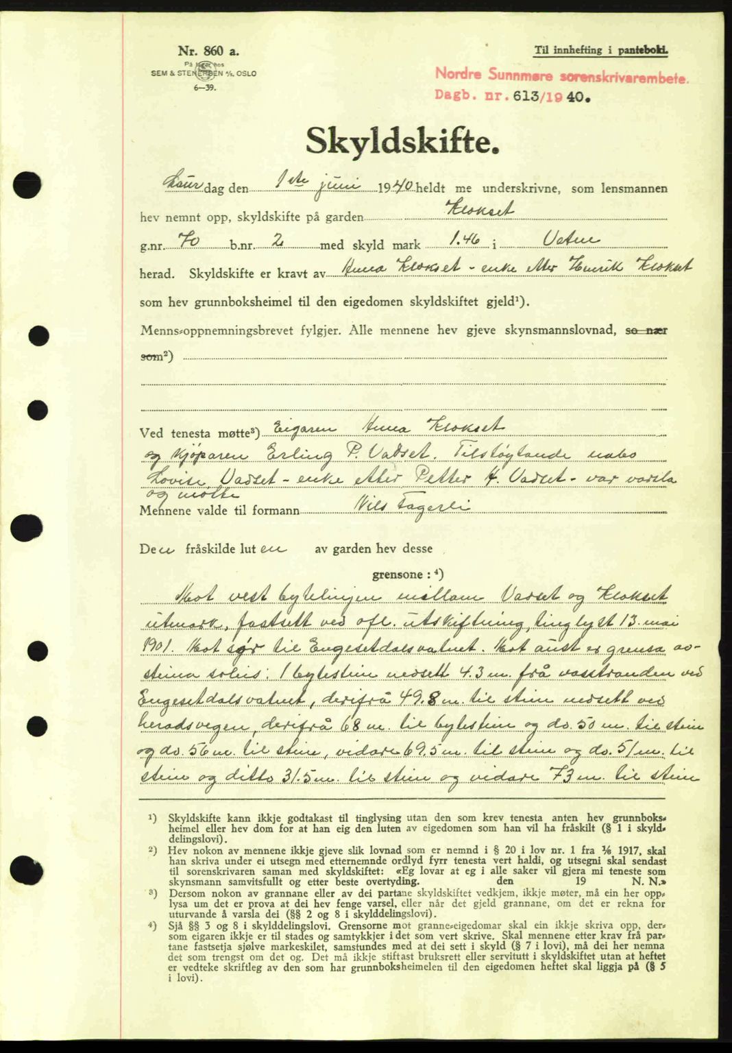 Nordre Sunnmøre sorenskriveri, AV/SAT-A-0006/1/2/2C/2Ca: Pantebok nr. A8, 1939-1940, Dagboknr: 613/1940