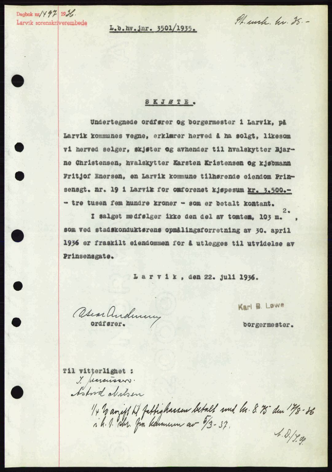 Larvik sorenskriveri, SAKO/A-83/G/Ga/Gab/L0067: Pantebok nr. A-1, 1936-1937, Dagboknr: 1497/1936