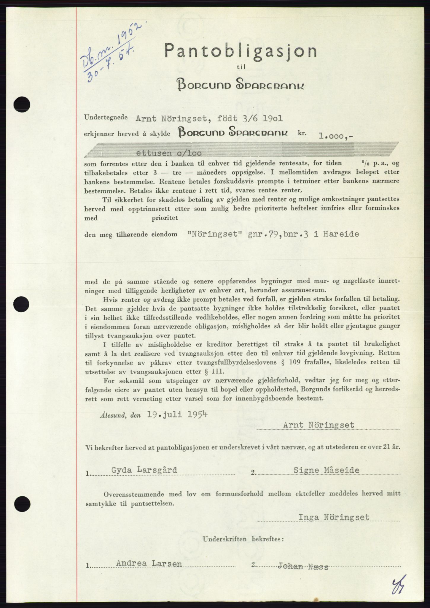 Søre Sunnmøre sorenskriveri, SAT/A-4122/1/2/2C/L0125: Pantebok nr. 13B, 1954-1954, Dagboknr: 1952/1954