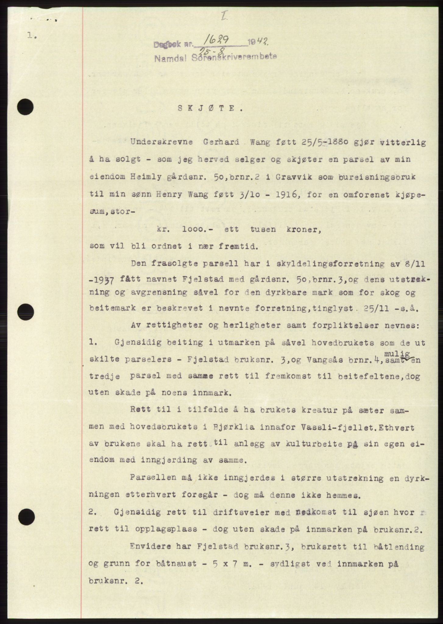 Namdal sorenskriveri, SAT/A-4133/1/2/2C: Pantebok nr. -, 1942-1943, Dagboknr: 1629/1942