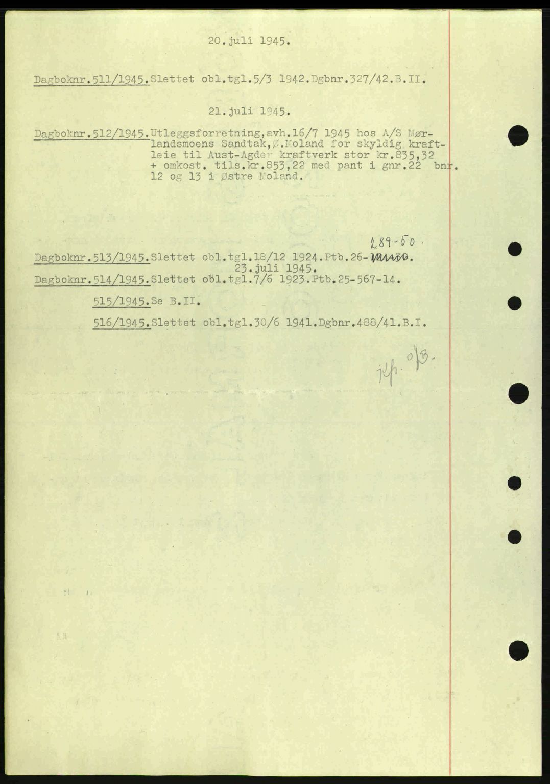 Nedenes sorenskriveri, SAK/1221-0006/G/Gb/Gba/L0052: Pantebok nr. A6a, 1944-1945, Dagboknr: 511/1945