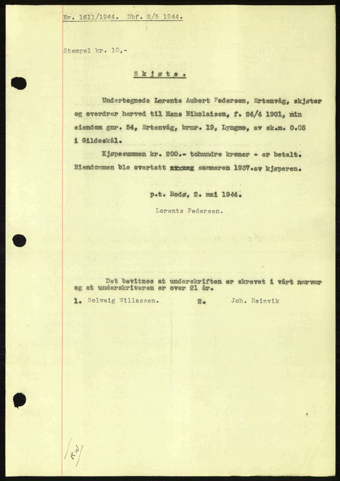 Salten sorenskriveri, SAT/A-4578/1/2/2C: Pantebok nr. A14-15, 1943-1945, Dagboknr: 1611/1944