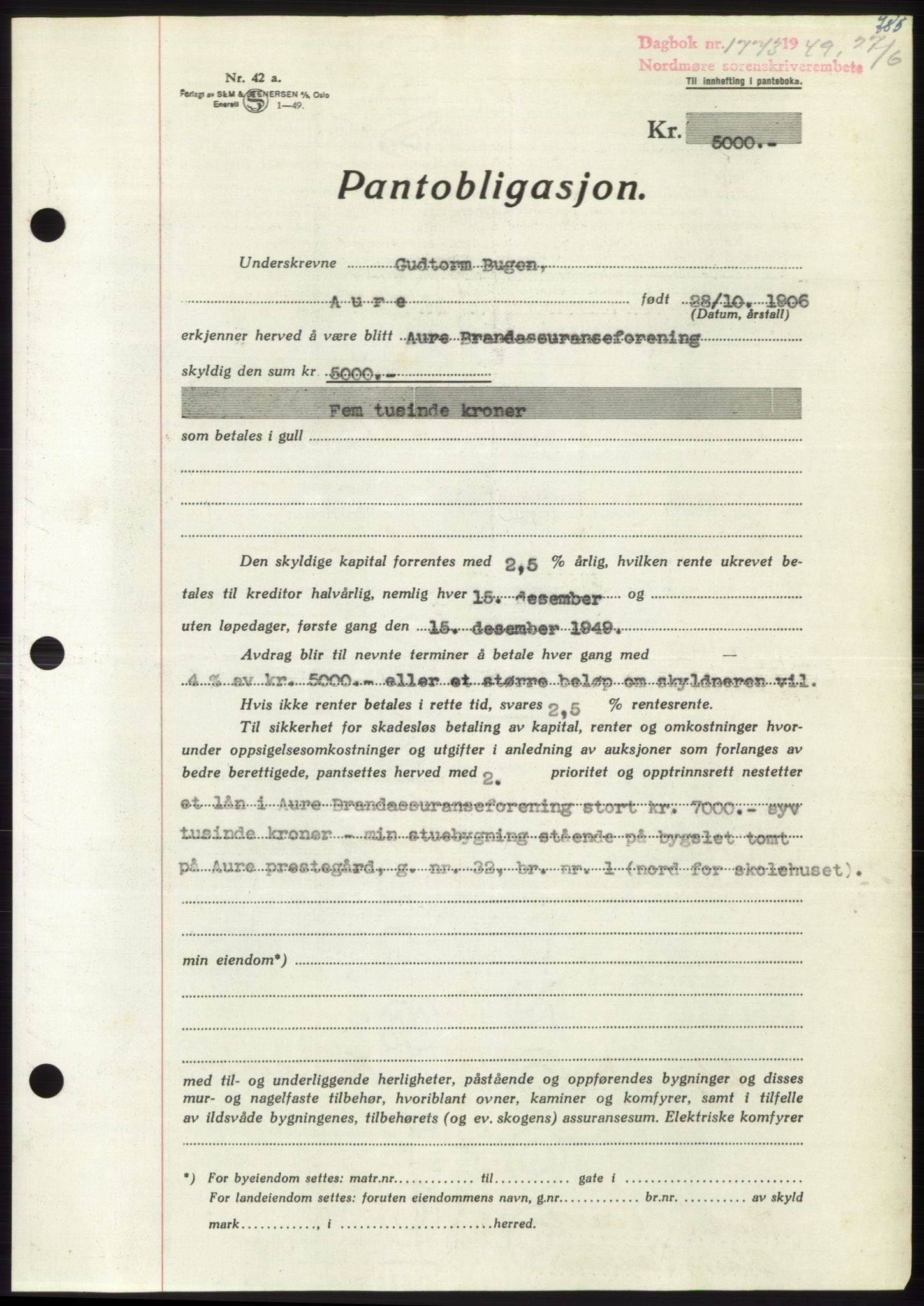 Nordmøre sorenskriveri, SAT/A-4132/1/2/2Ca: Pantebok nr. B101, 1949-1949, Dagboknr: 1773/1949