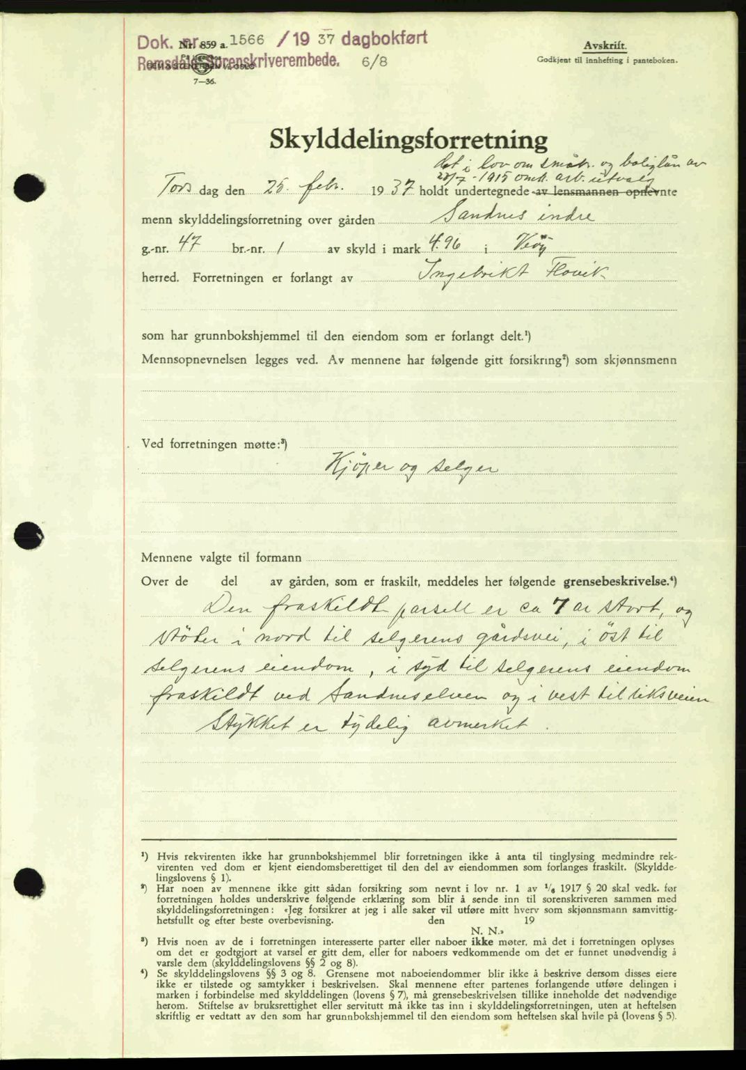 Romsdal sorenskriveri, SAT/A-4149/1/2/2C: Pantebok nr. A3, 1937-1937, Dagboknr: 1566/1937