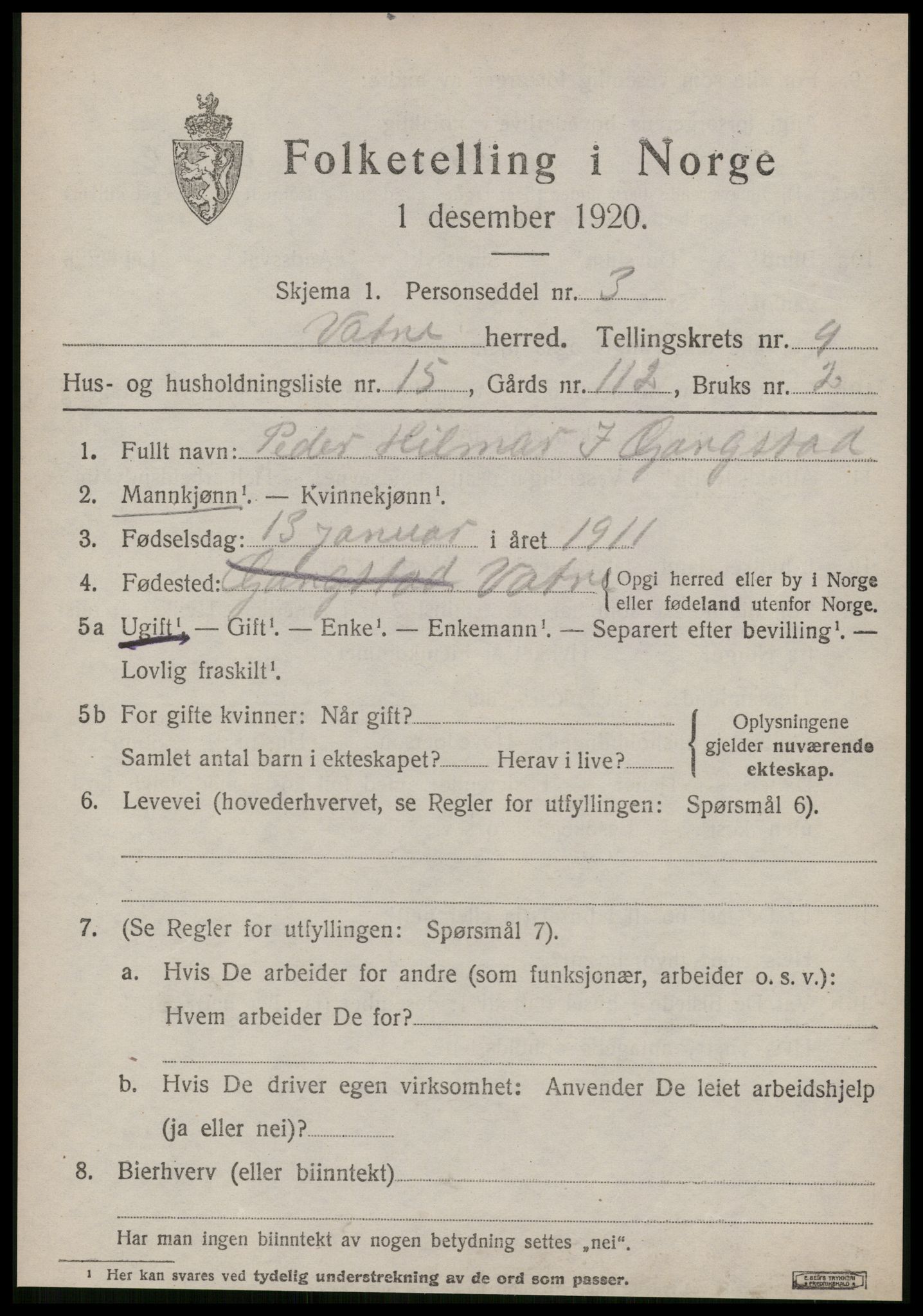 SAT, Folketelling 1920 for 1530 Vatne herred, 1920, s. 3878