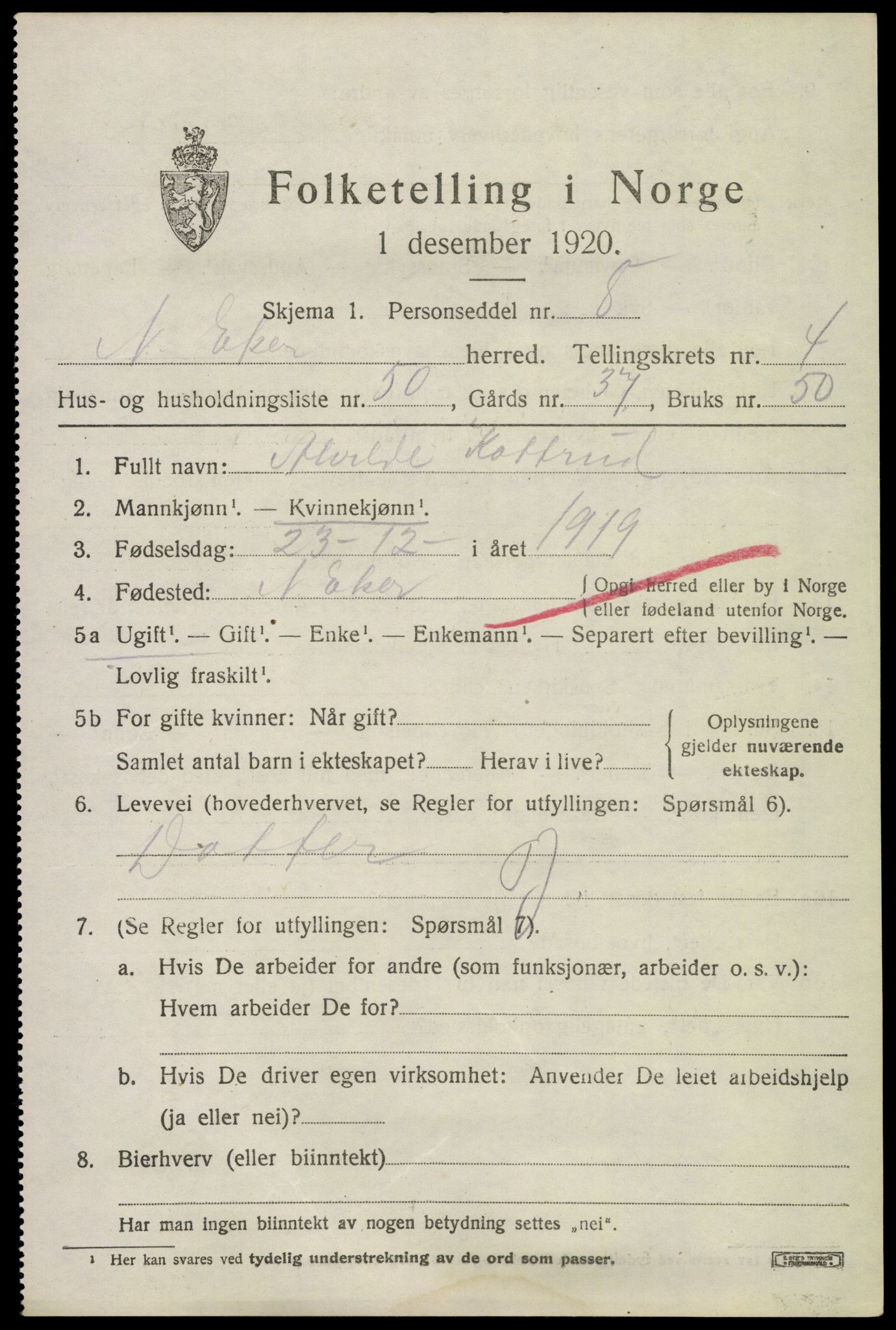SAKO, Folketelling 1920 for 0625 Nedre Eiker herred, 1920, s. 5607