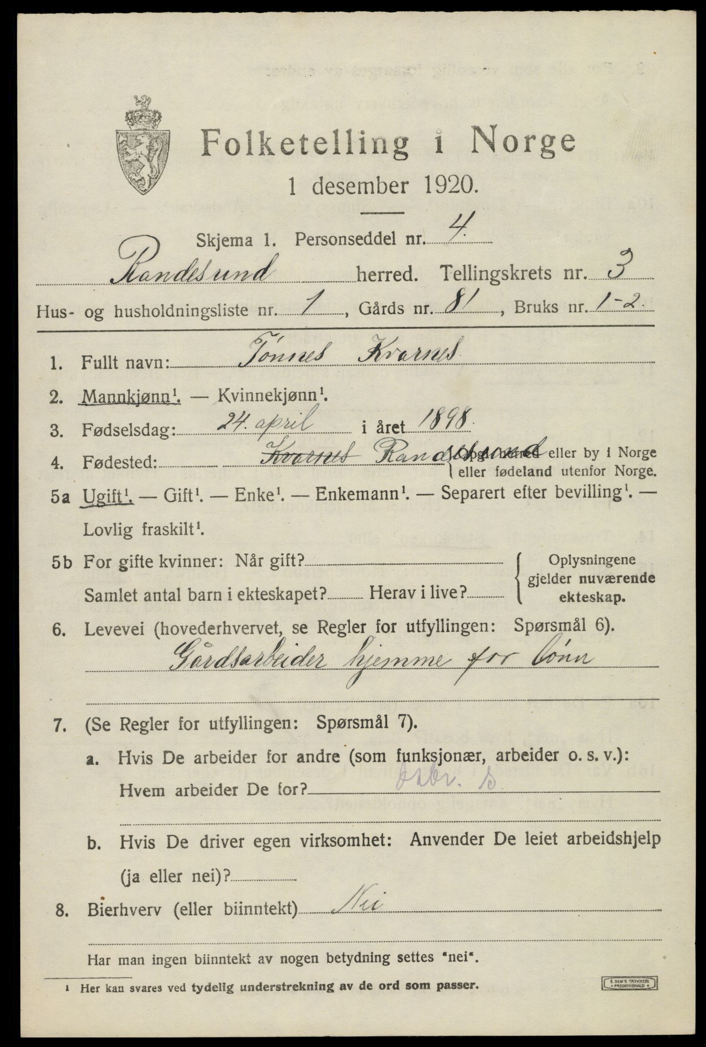 SAK, Folketelling 1920 for 1011 Randesund herred, 1920, s. 1458
