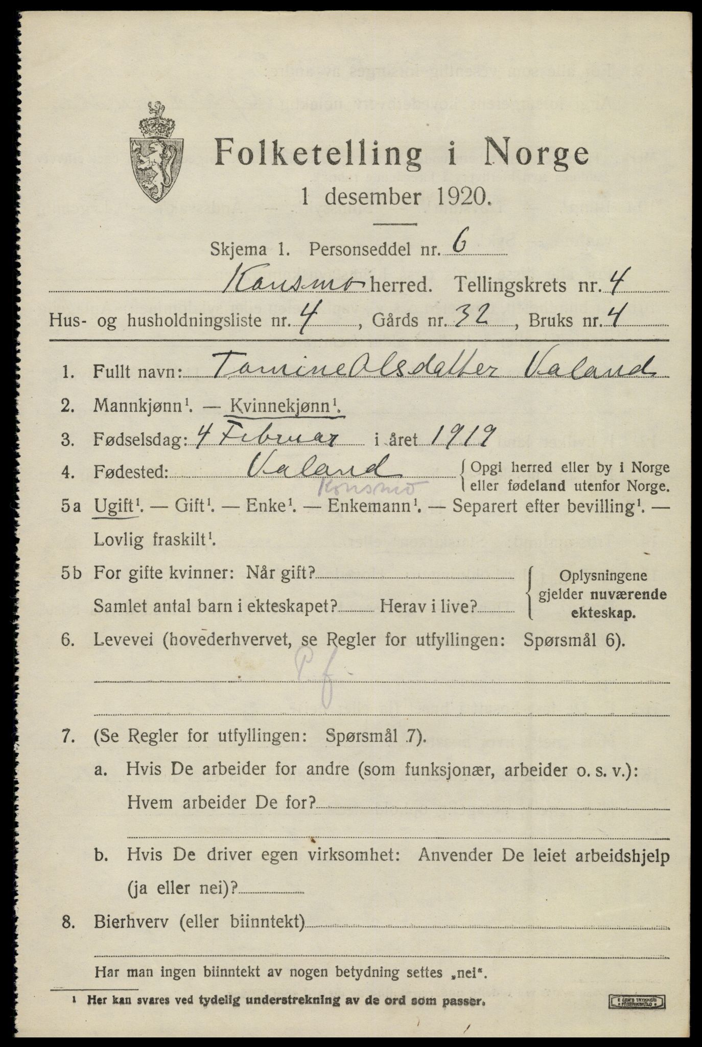 SAK, Folketelling 1920 for 1027 Konsmo herred, 1920, s. 1232