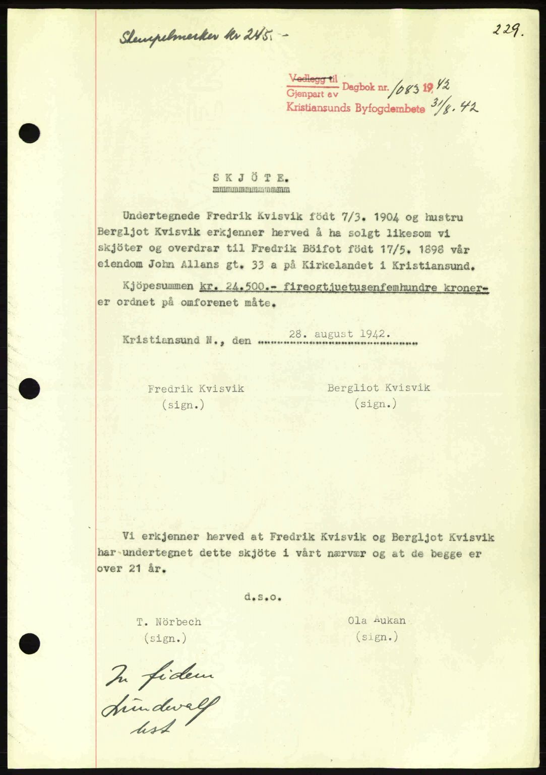 Kristiansund byfogd, AV/SAT-A-4587/A/27: Pantebok nr. 34, 1941-1945, Dagboknr: 1083/1942