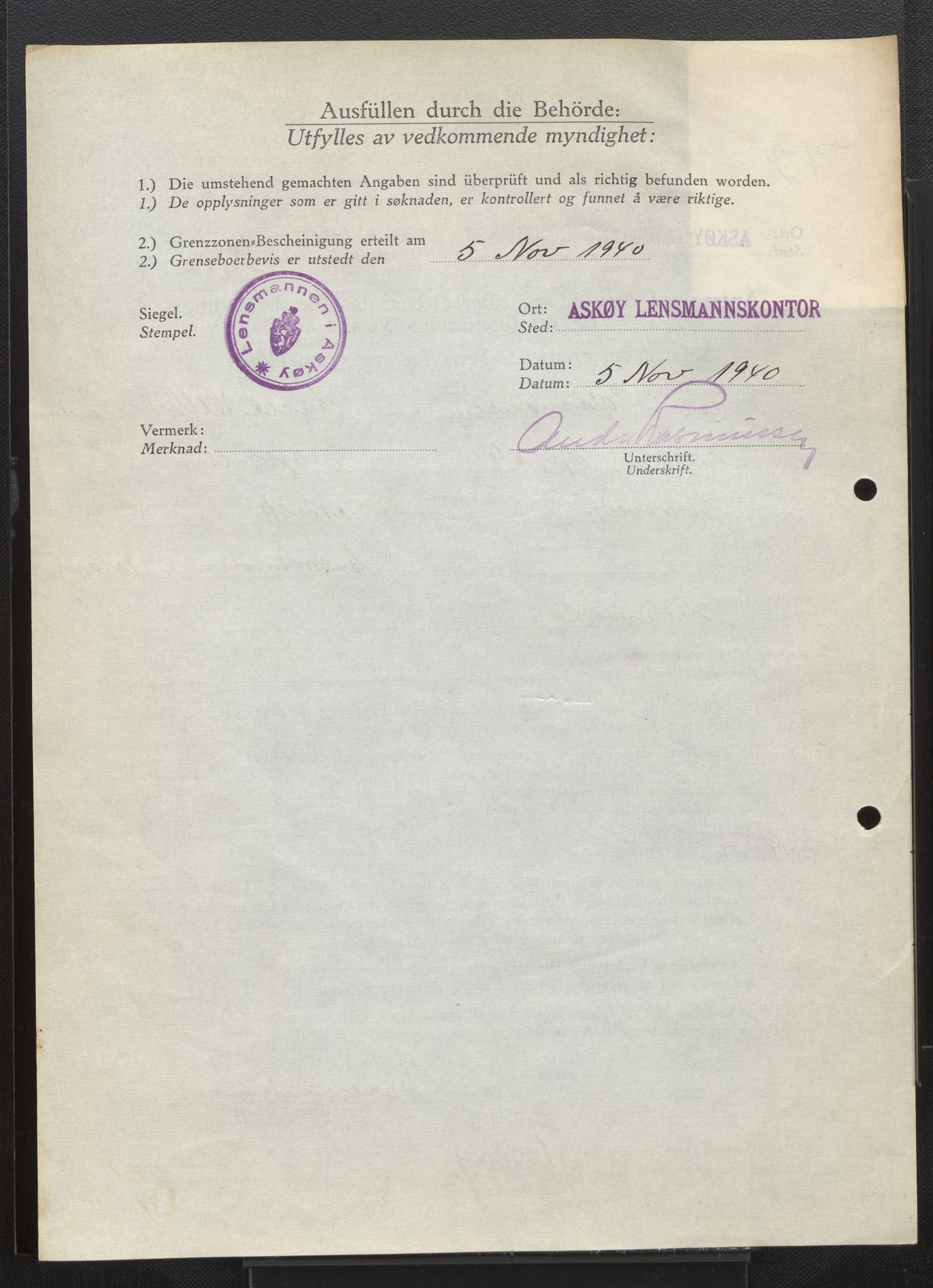 Lensmannen i Askøy, AV/SAB-A-31001/0026/L0008: Søknader om grensebuarbevis 2126 - 2550, 1940, s. 14