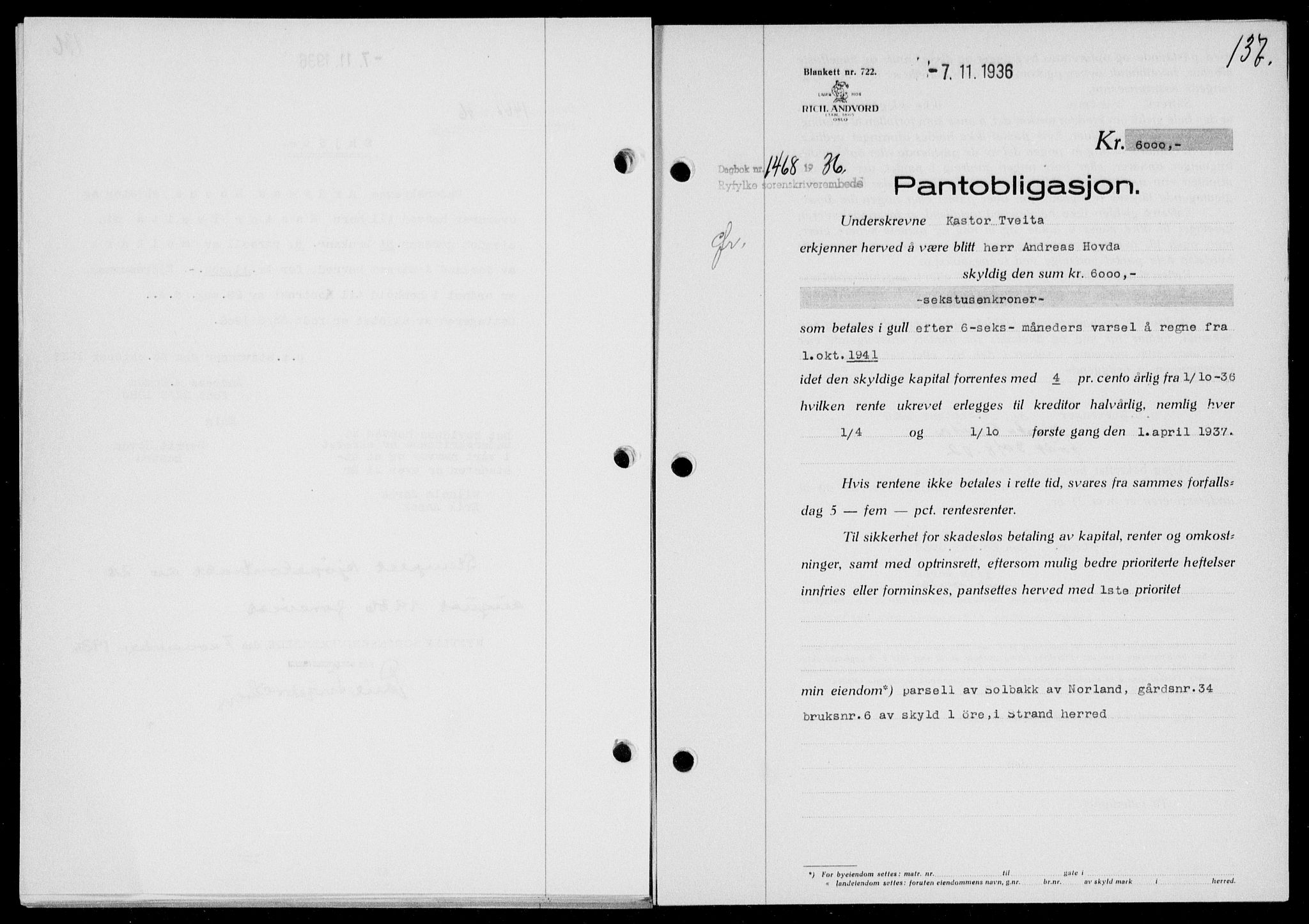 Ryfylke tingrett, AV/SAST-A-100055/001/II/IIB/L0074: Pantebok nr. 53, 1936-1937, Dagboknr: 1468/1936