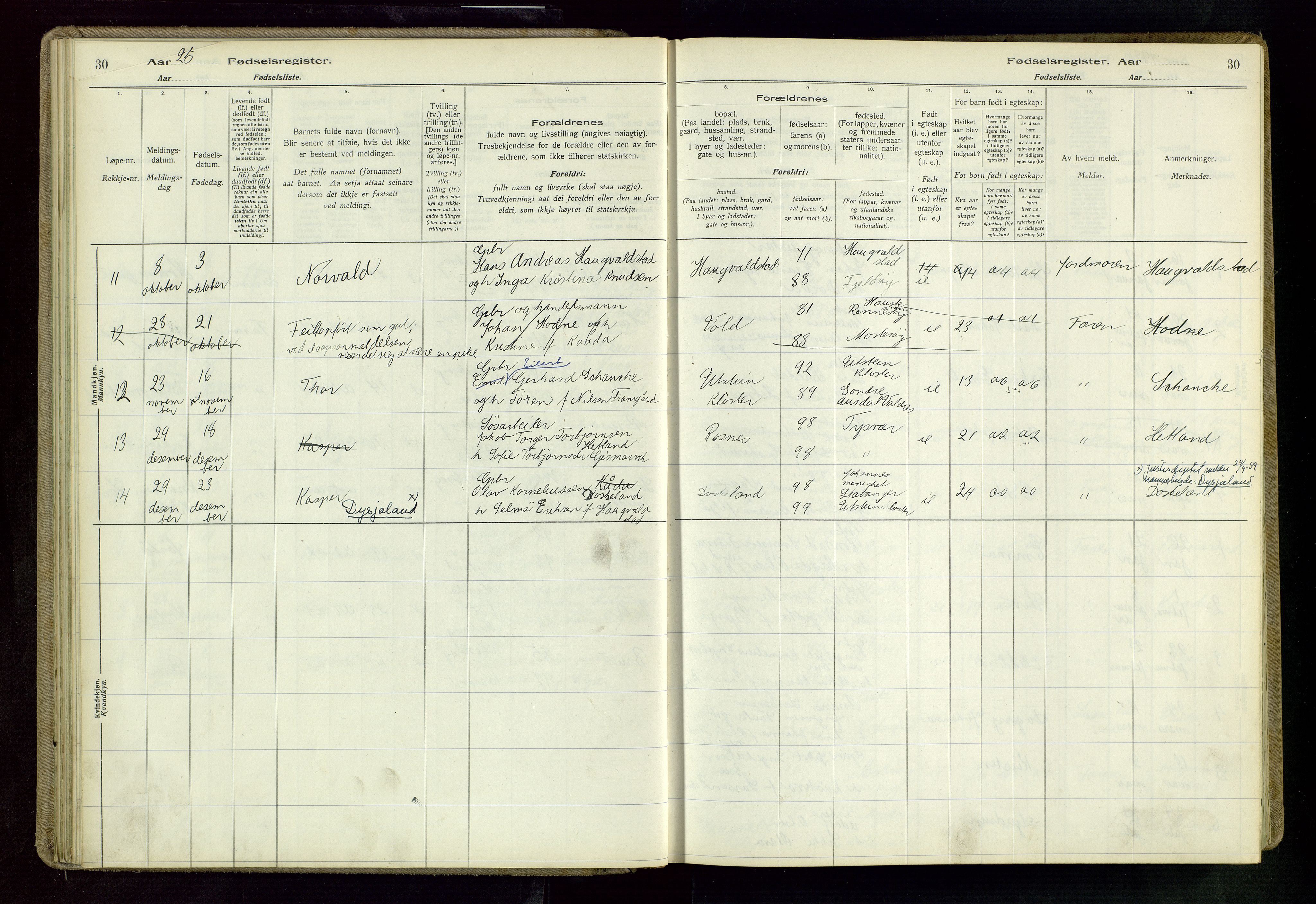 Rennesøy sokneprestkontor, SAST/A -101827/I/Id/L0002: Fødselsregister nr. 2, 1916-1982, s. 30