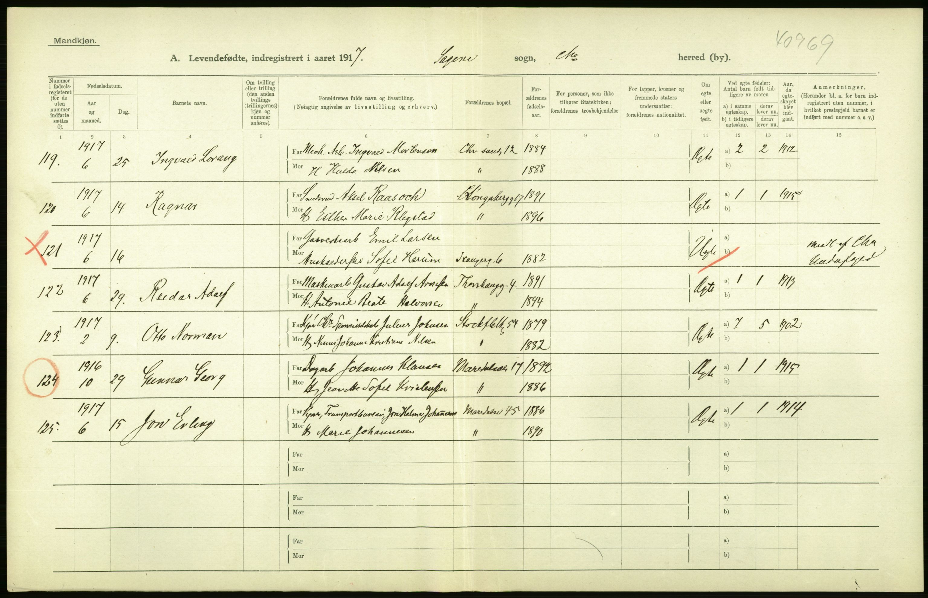 Statistisk sentralbyrå, Sosiodemografiske emner, Befolkning, AV/RA-S-2228/D/Df/Dfb/Dfbg/L0007: Kristiania: Levendefødte menn og kvinner., 1917, s. 110