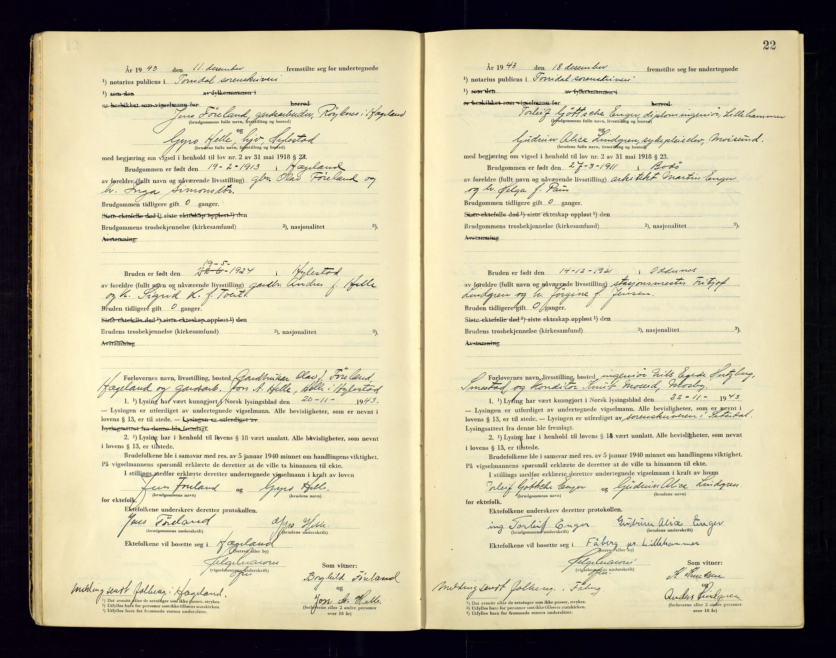 Torridal sorenskriveri, AV/SAK-1221-0012/L/Ld/L0004: Vigselbok nr. 2, 1943-1946, s. 22