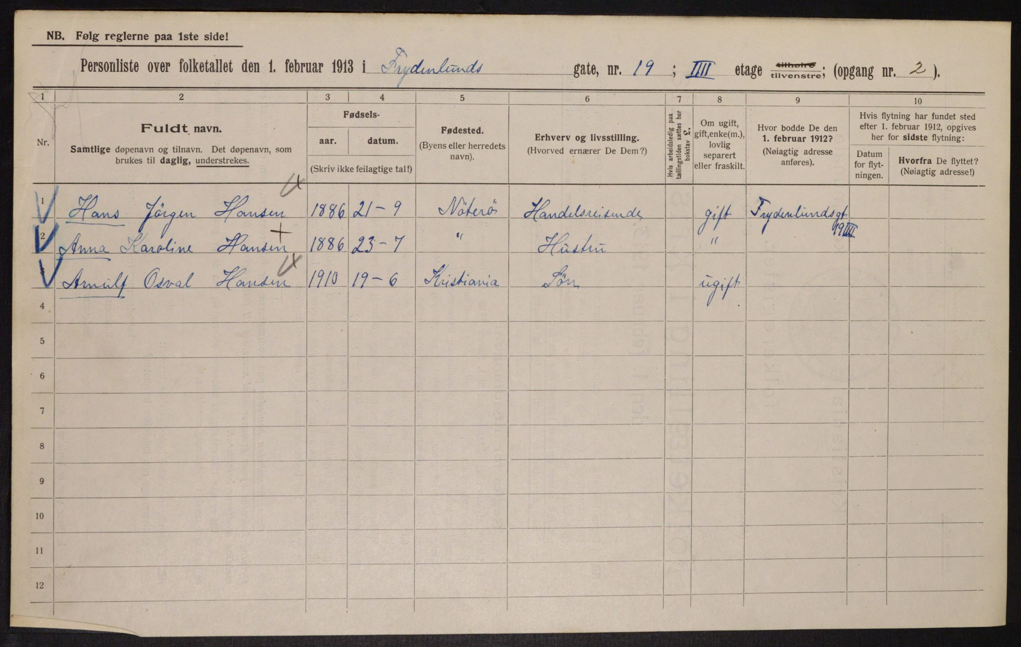 OBA, Kommunal folketelling 1.2.1913 for Kristiania, 1913, s. 28495