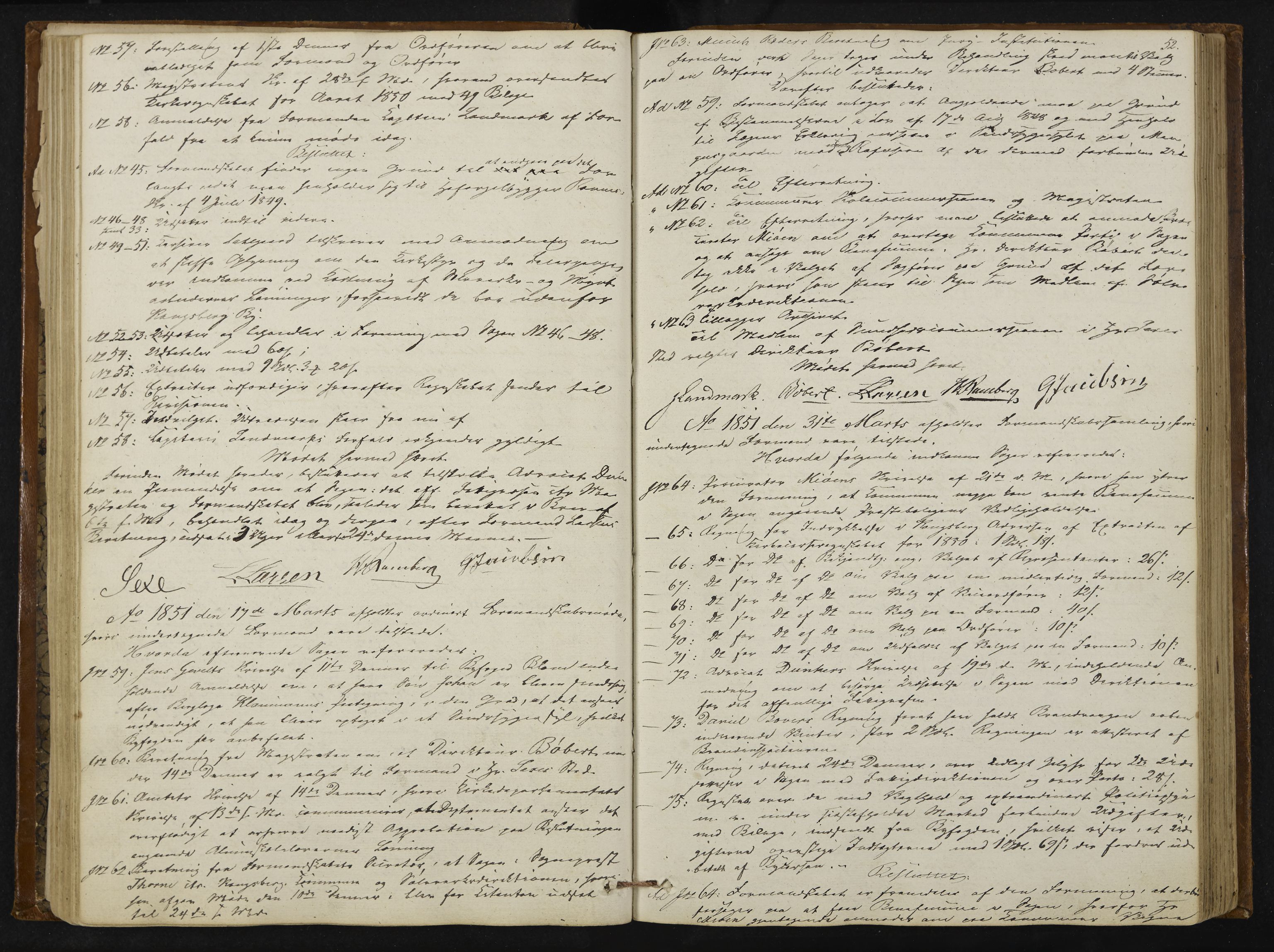 Kongsberg formannskap og sentraladministrasjon, IKAK/0604021-1/A/L0002: Møtebok med register, 1849-1856, s. 52