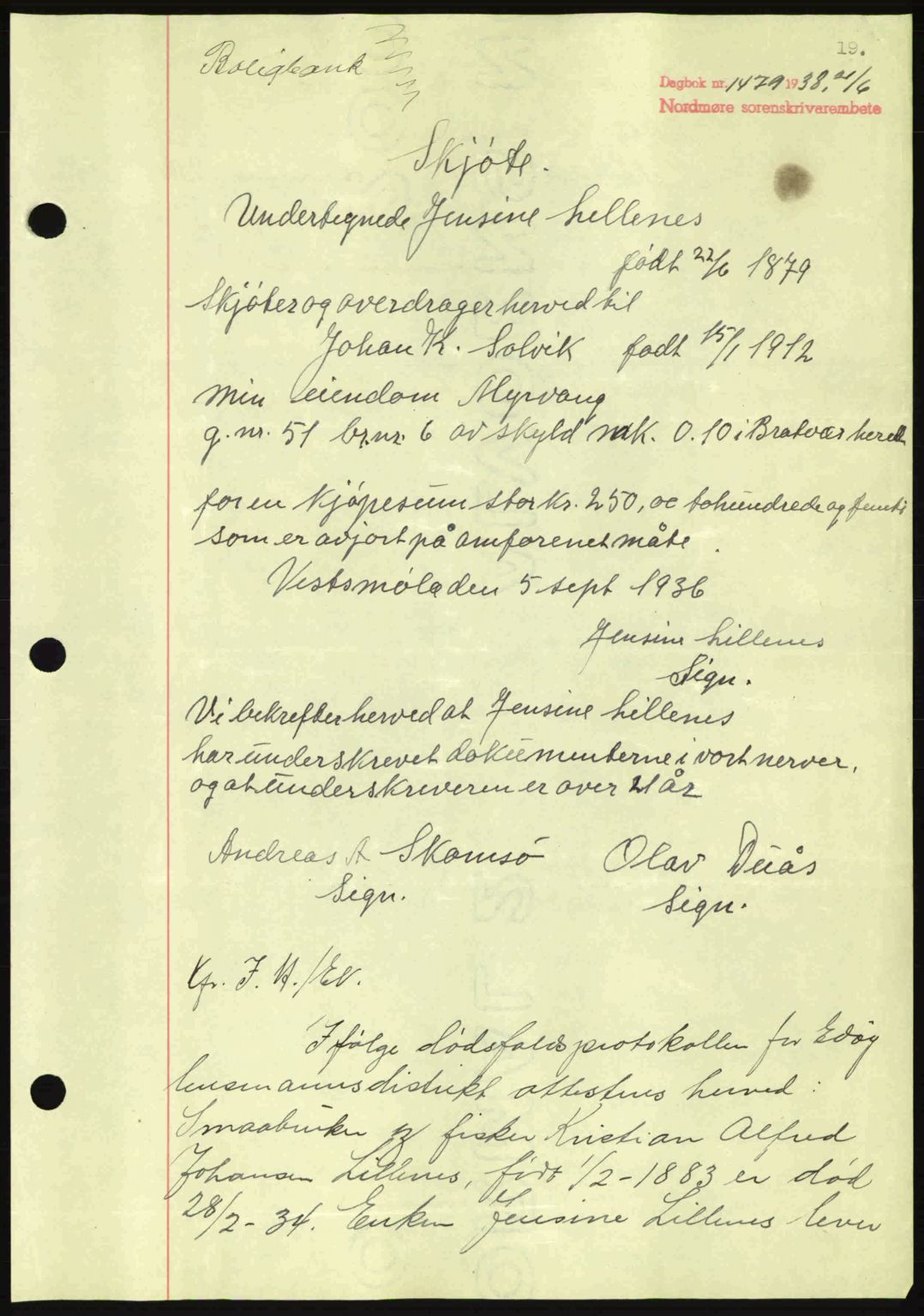 Nordmøre sorenskriveri, SAT/A-4132/1/2/2Ca: Pantebok nr. A84, 1938-1938, Dagboknr: 1479/1938