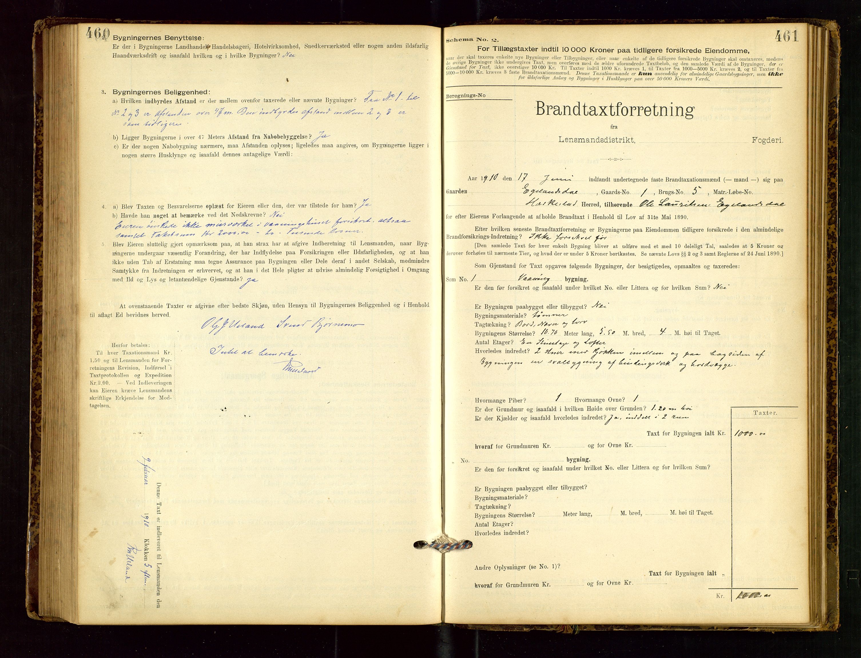 Heskestad lensmannskontor, SAST/A-100304/Gob/L0001: "Brandtaxationsprotokol", 1894-1915, s. 460-461