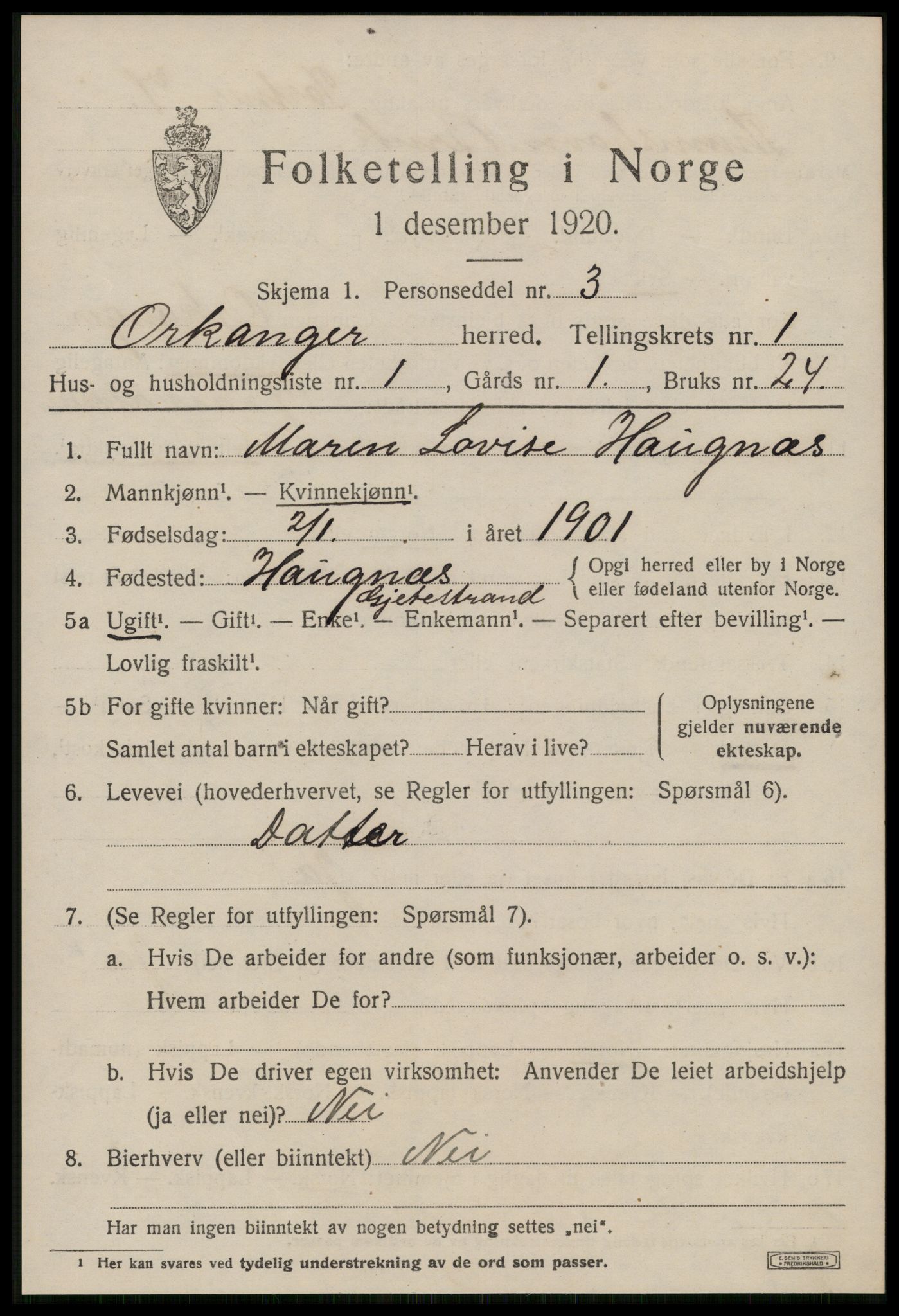 SAT, Folketelling 1920 for 1639 Orkanger herred, 1920, s. 609