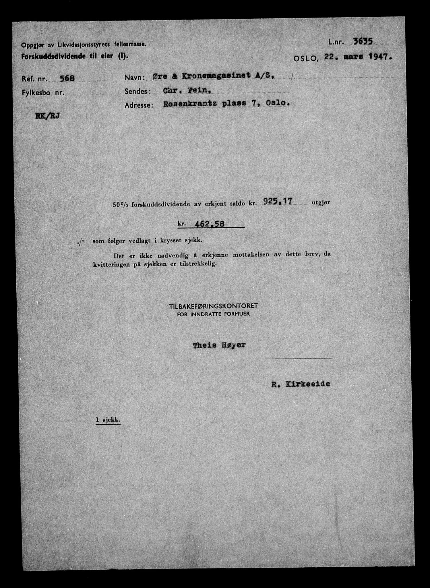 Justisdepartementet, Tilbakeføringskontoret for inndratte formuer, AV/RA-S-1564/H/Hc/Hcc/L0933: --, 1945-1947, s. 378