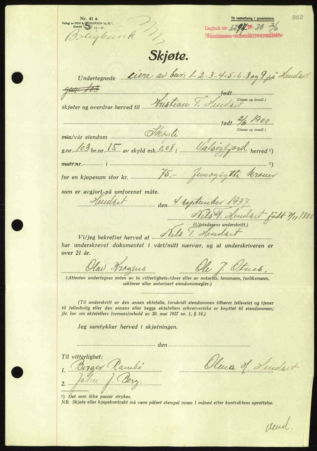 Nordmøre sorenskriveri, SAT/A-4132/1/2/2Ca: Pantebok nr. A83, 1938-1938, Dagboknr: 1297/1938