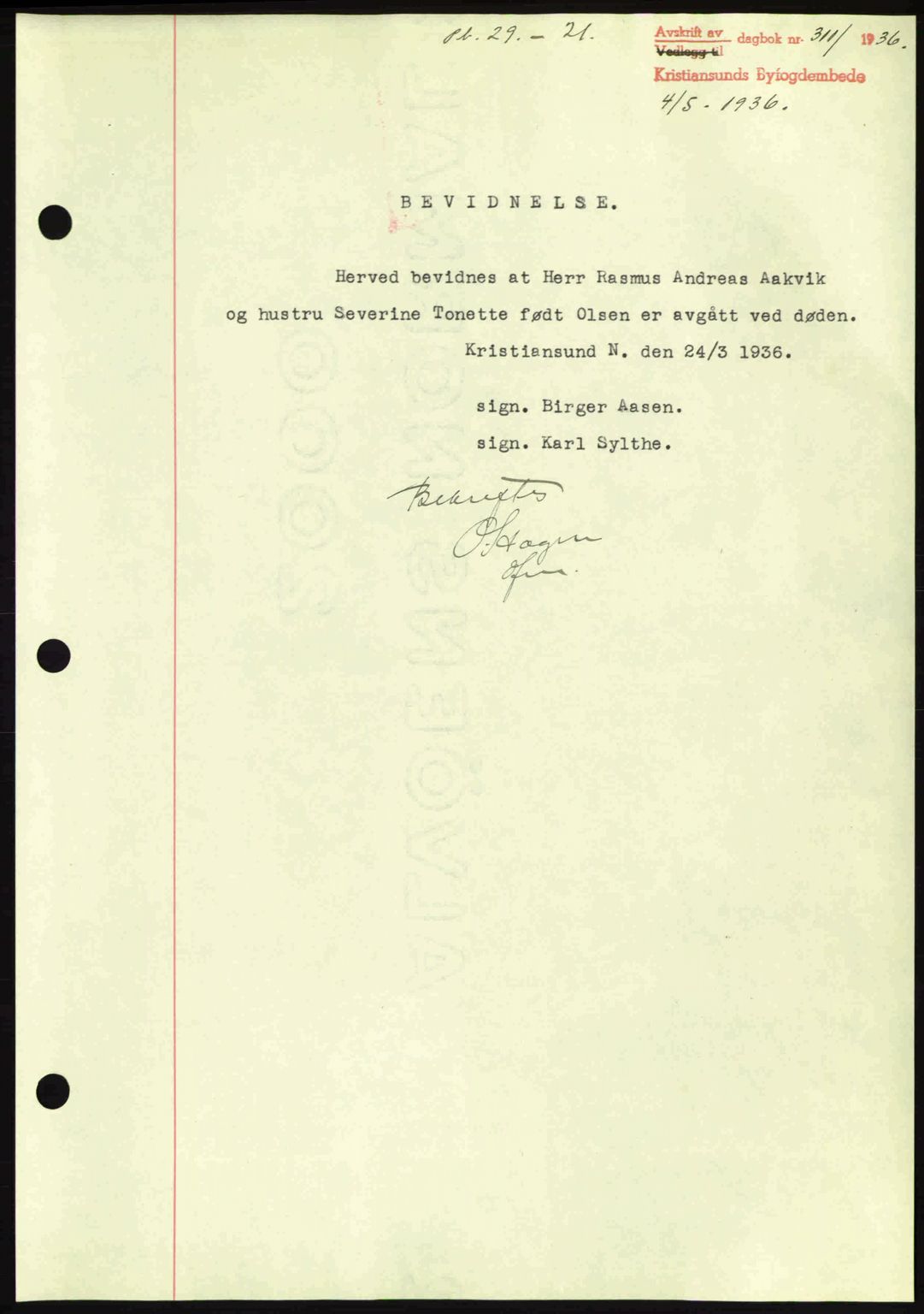 Kristiansund byfogd, AV/SAT-A-4587/A/27: Pantebok nr. 29, 1936-1937, Dagboknr: 311/1936