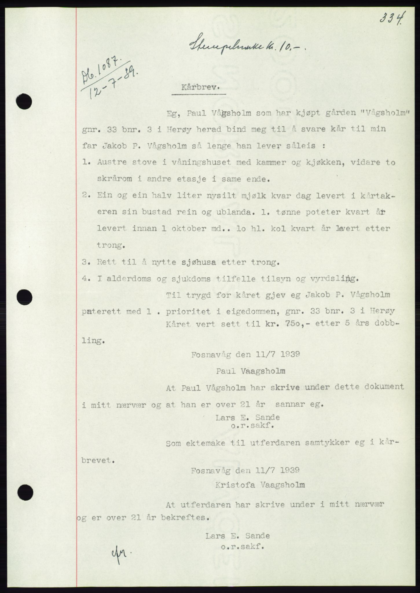 Søre Sunnmøre sorenskriveri, AV/SAT-A-4122/1/2/2C/L0068: Pantebok nr. 62, 1939-1939, Dagboknr: 1087/1939