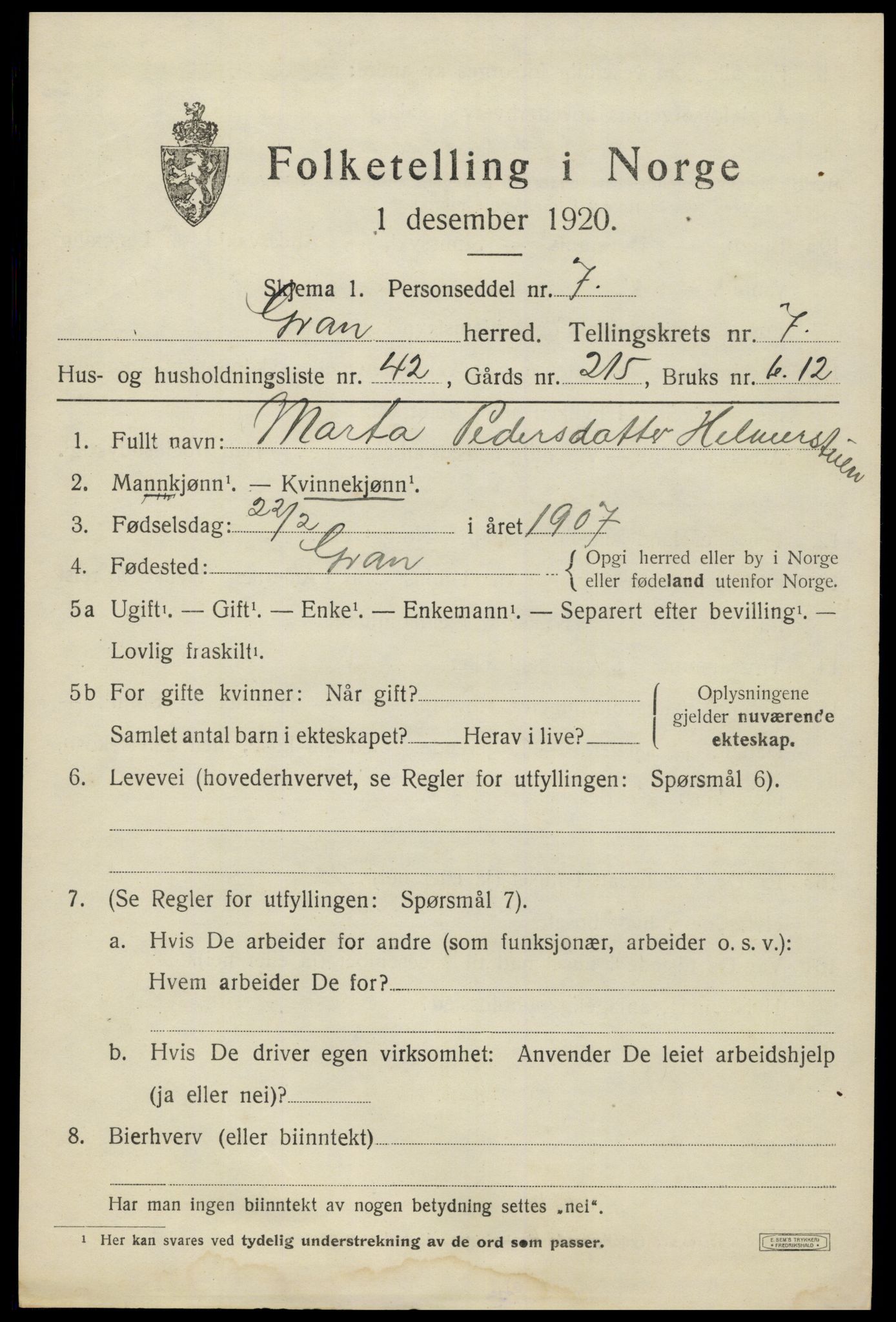 SAH, Folketelling 1920 for 0534 Gran herred, 1920, s. 9923