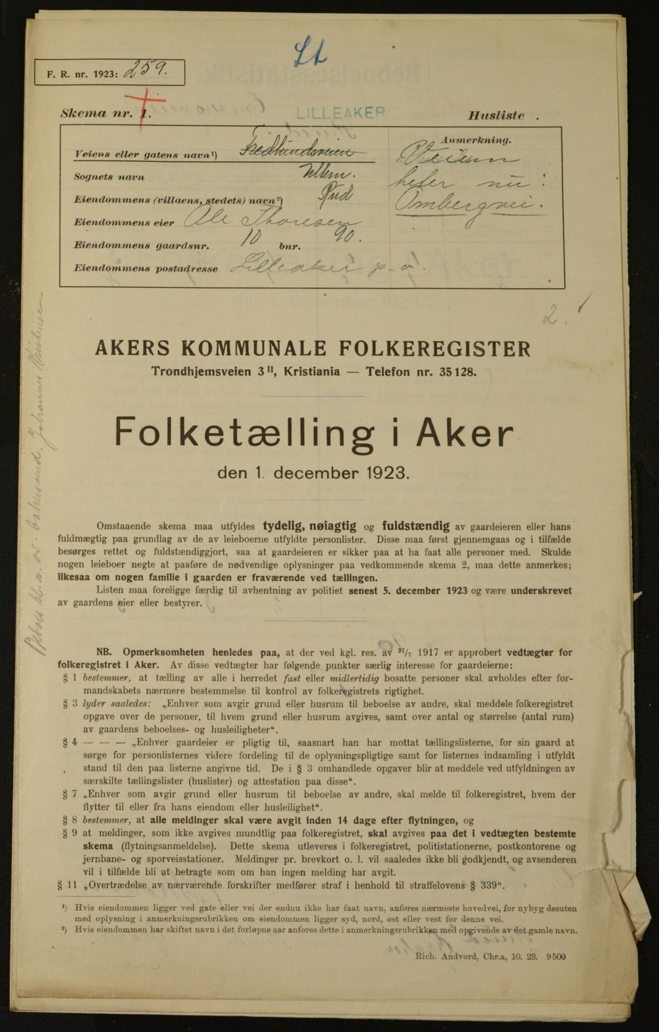 , Kommunal folketelling 1.12.1923 for Aker, 1923, s. 1714