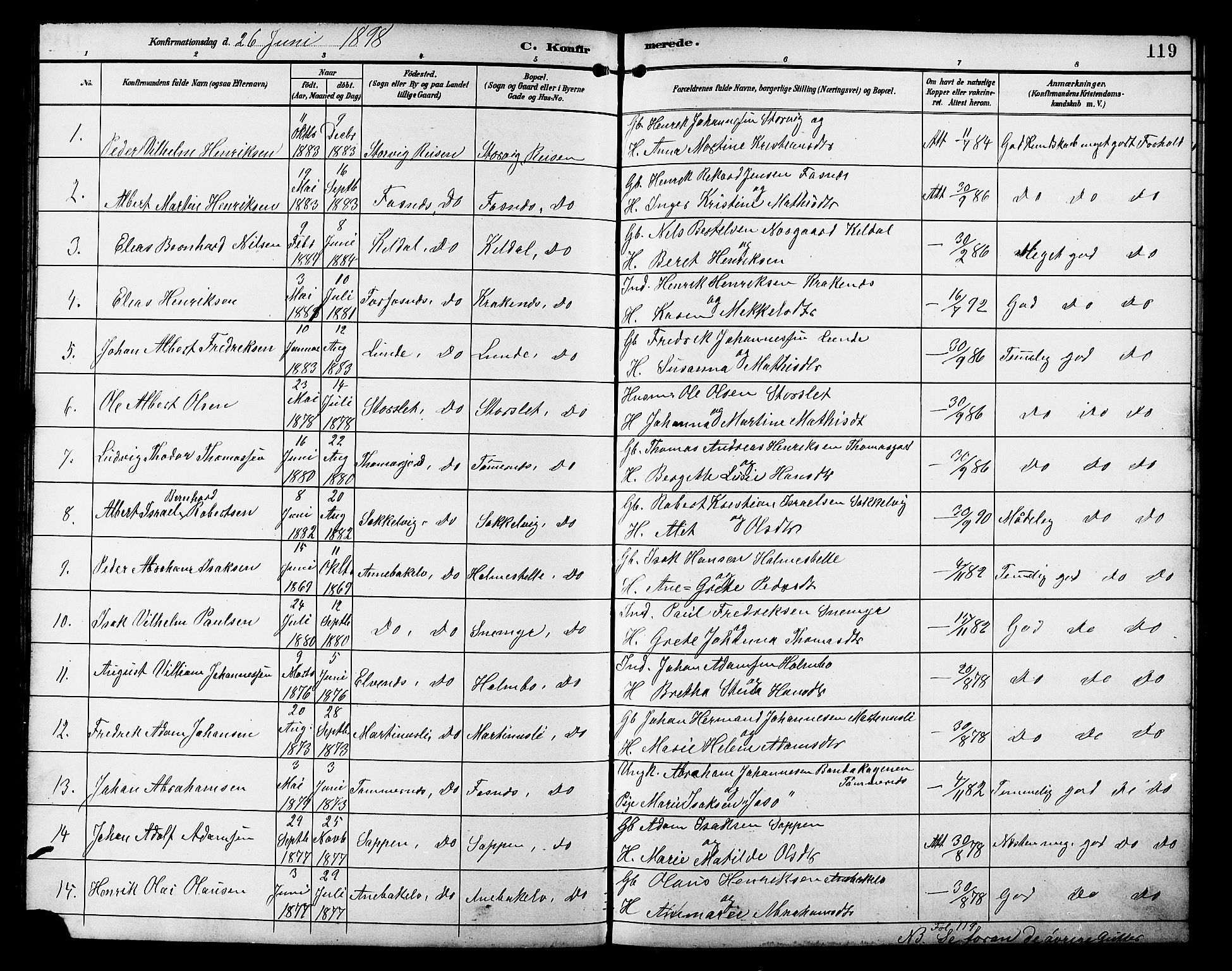 Skjervøy sokneprestkontor, AV/SATØ-S-1300/H/Ha/Hab/L0021klokker: Klokkerbok nr. 21, 1893-1910, s. 119